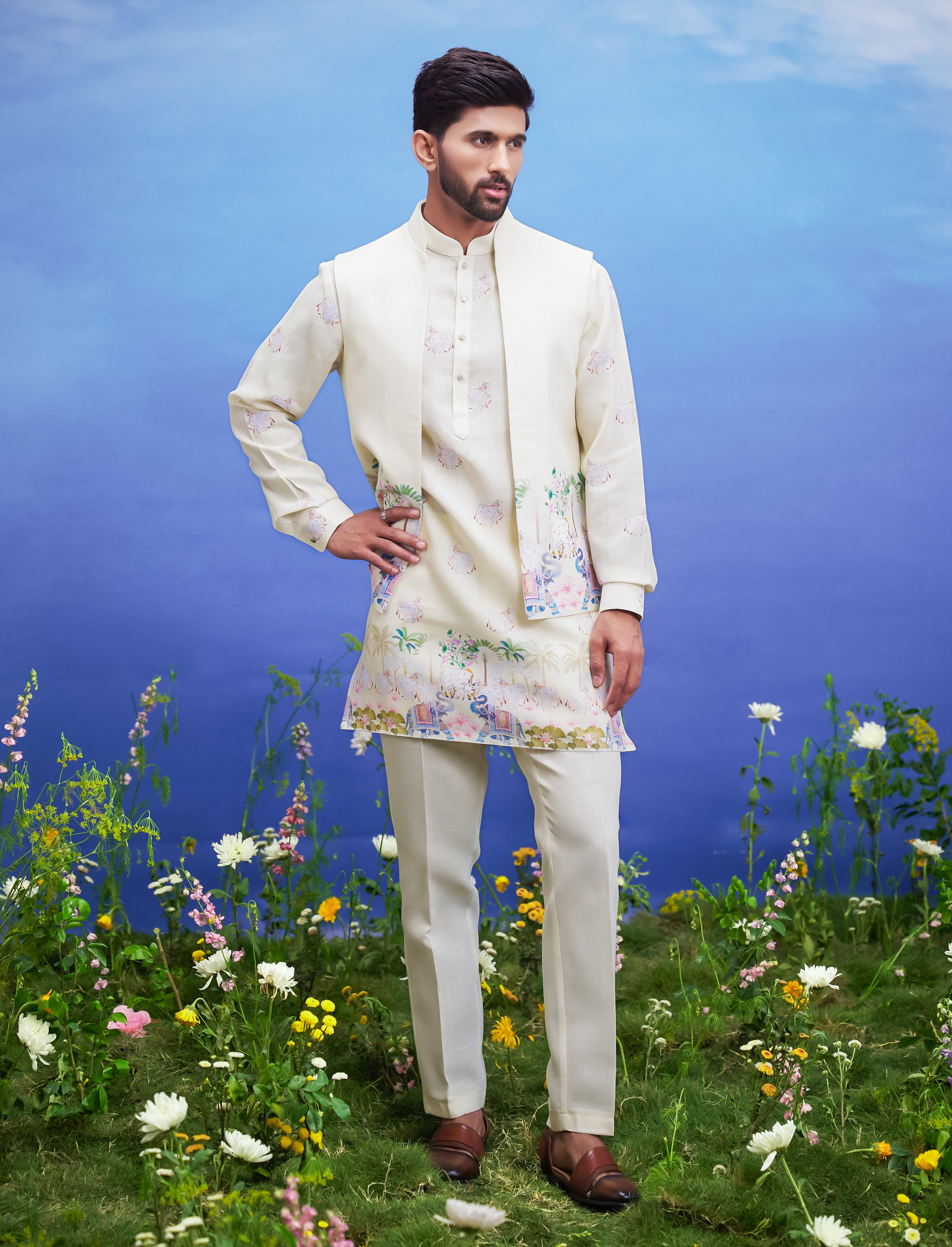 Men's yellow kurta jacket set, suitable for festivals and cultural events, available in sizes 36 to 44 and custom.
