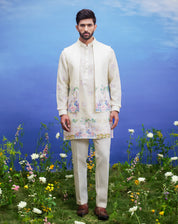 Yellow linen front open kurta jacket set, men's ethnic wear, featuring a linen blend kurta, jacket, and pajama.