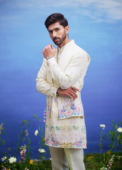 Men's yellow kurta jacket set with a front open jacket, displayed on a product page with size options.
