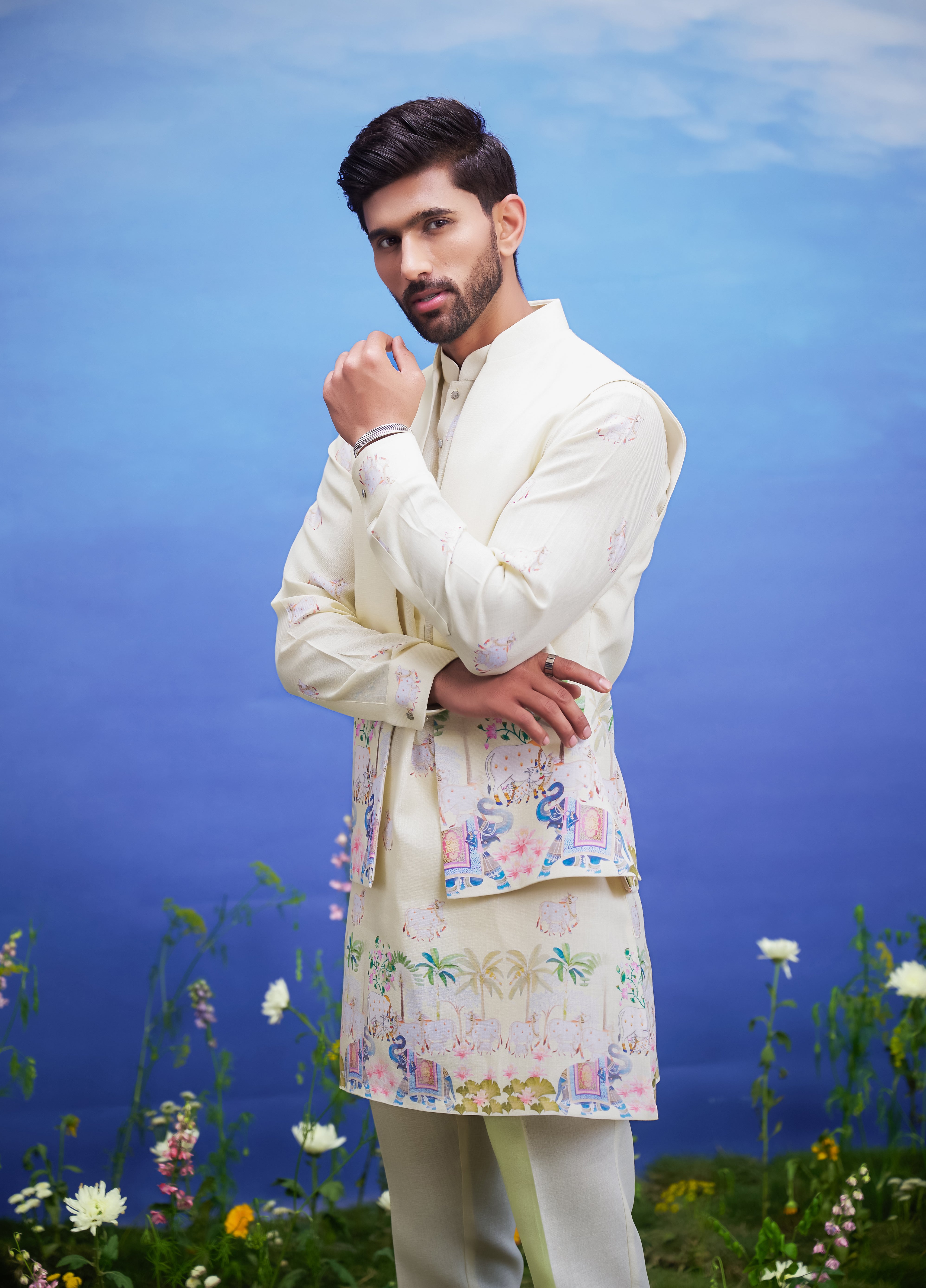 Men's yellow kurta jacket set with a front open jacket, displayed on a product page with size options.