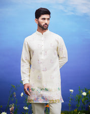 Yellow linen kurta set, men's ethnic wear, featuring a linen blend kurta and pajama.