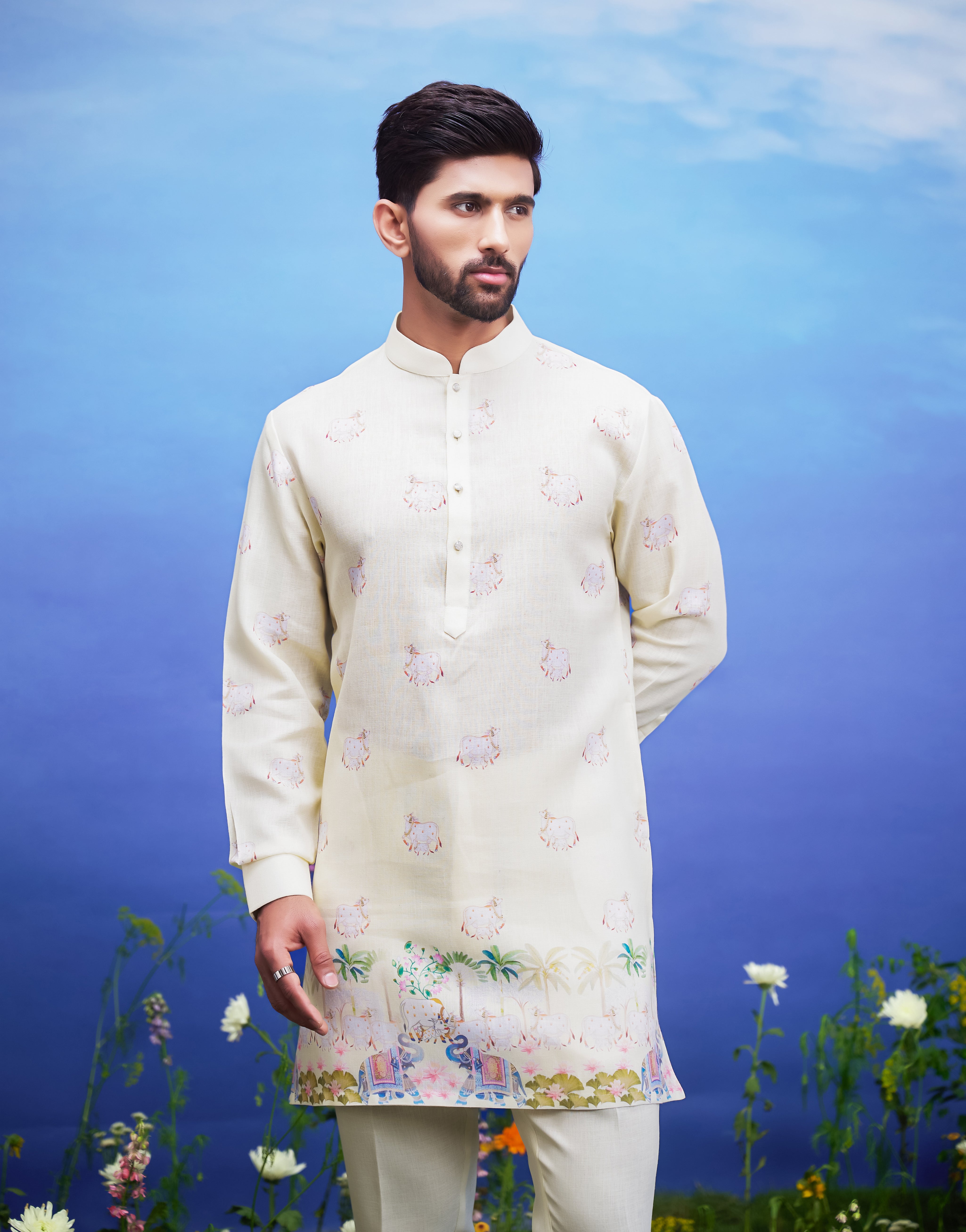 Yellow linen kurta set, men's ethnic wear, featuring a linen blend kurta and pajama.