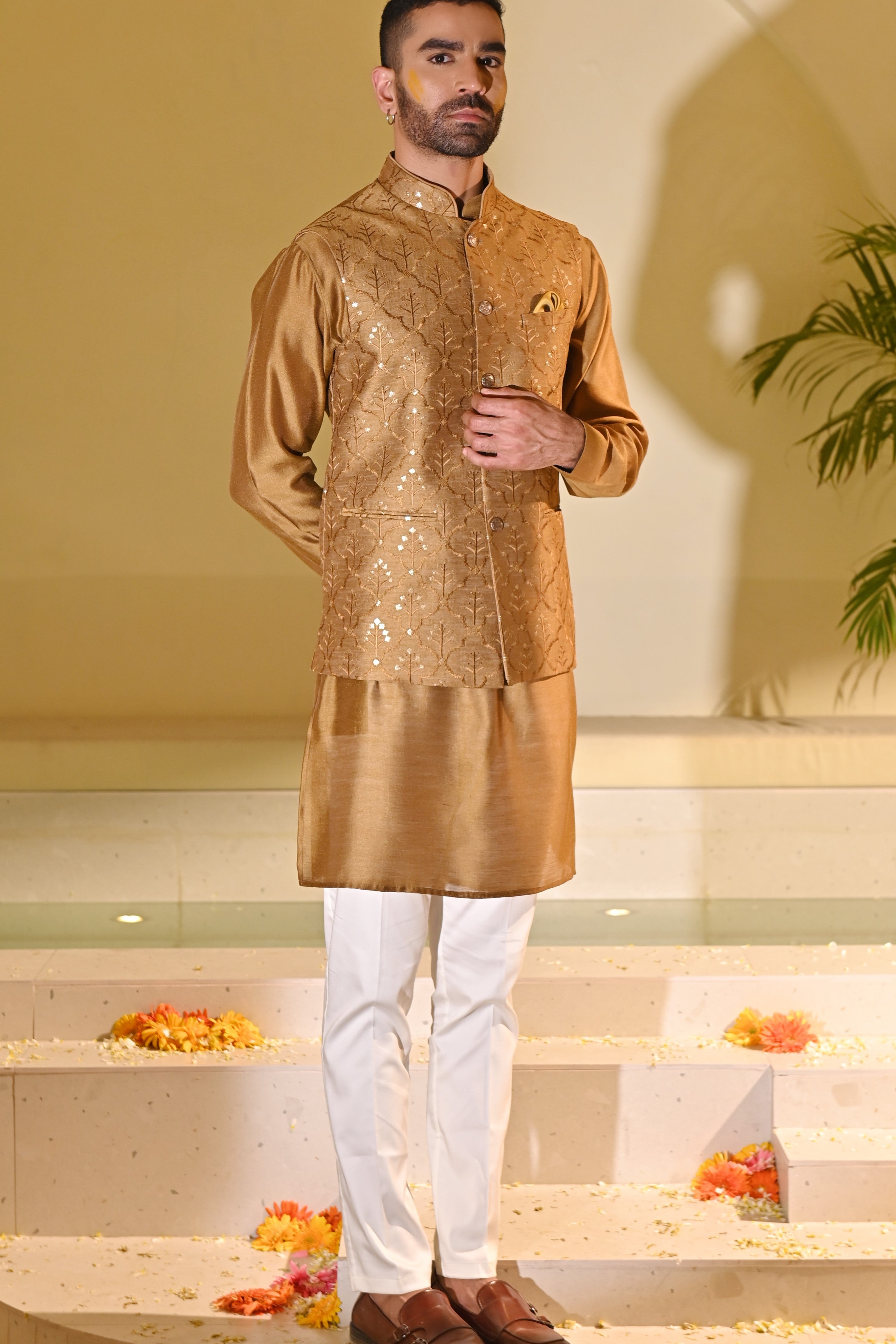 Stylish Yellow Embroidered Kurta Bundi Set