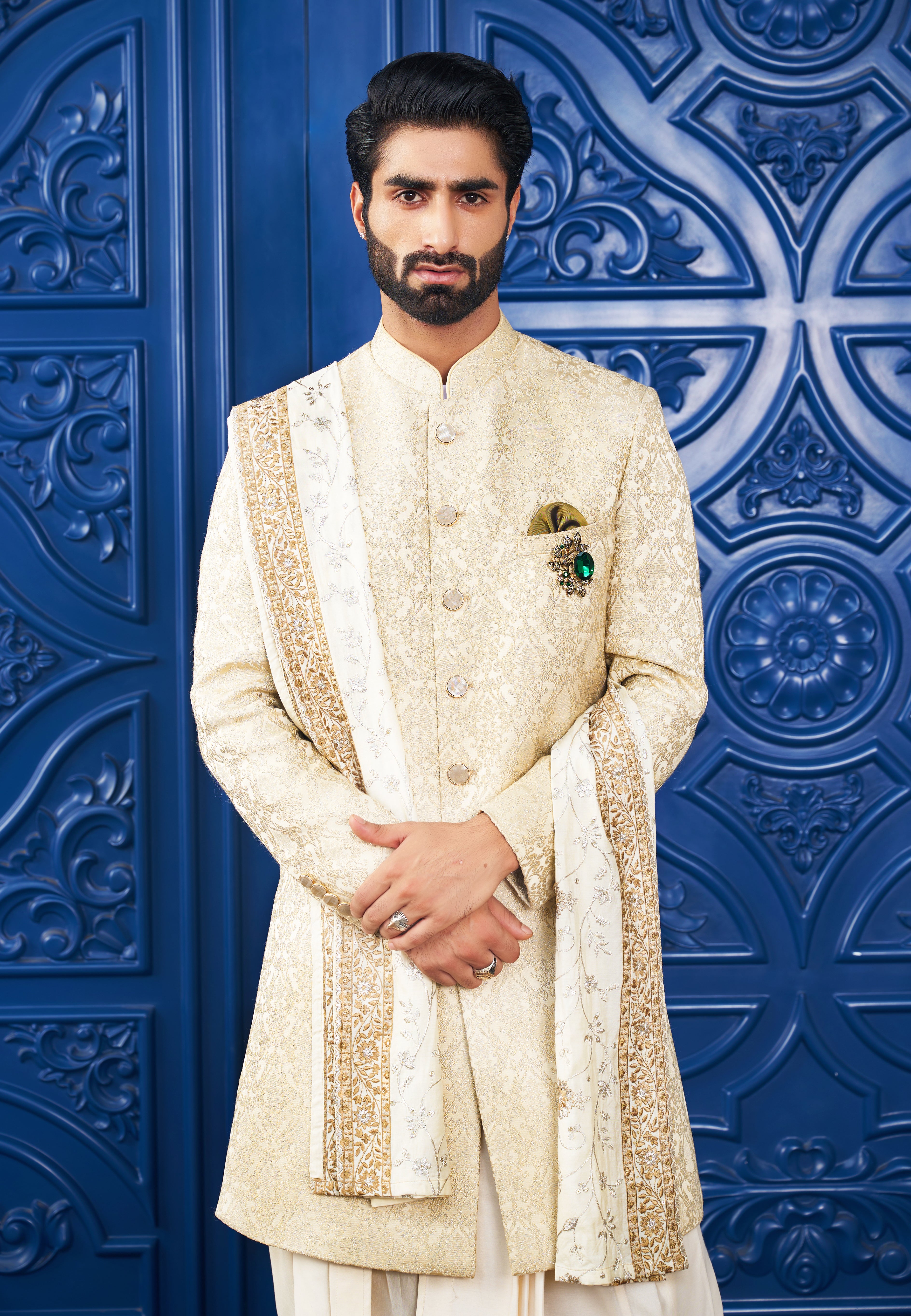 Suitable for Various Occasions
Luxurious Yellow Jacquard Indo-Western with Dhoti and Embroidered Dupatta