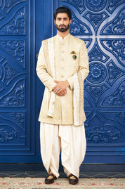 Stylish Yellow Jacquard Indo-Western with Dhoti and Embroidered Dupatta