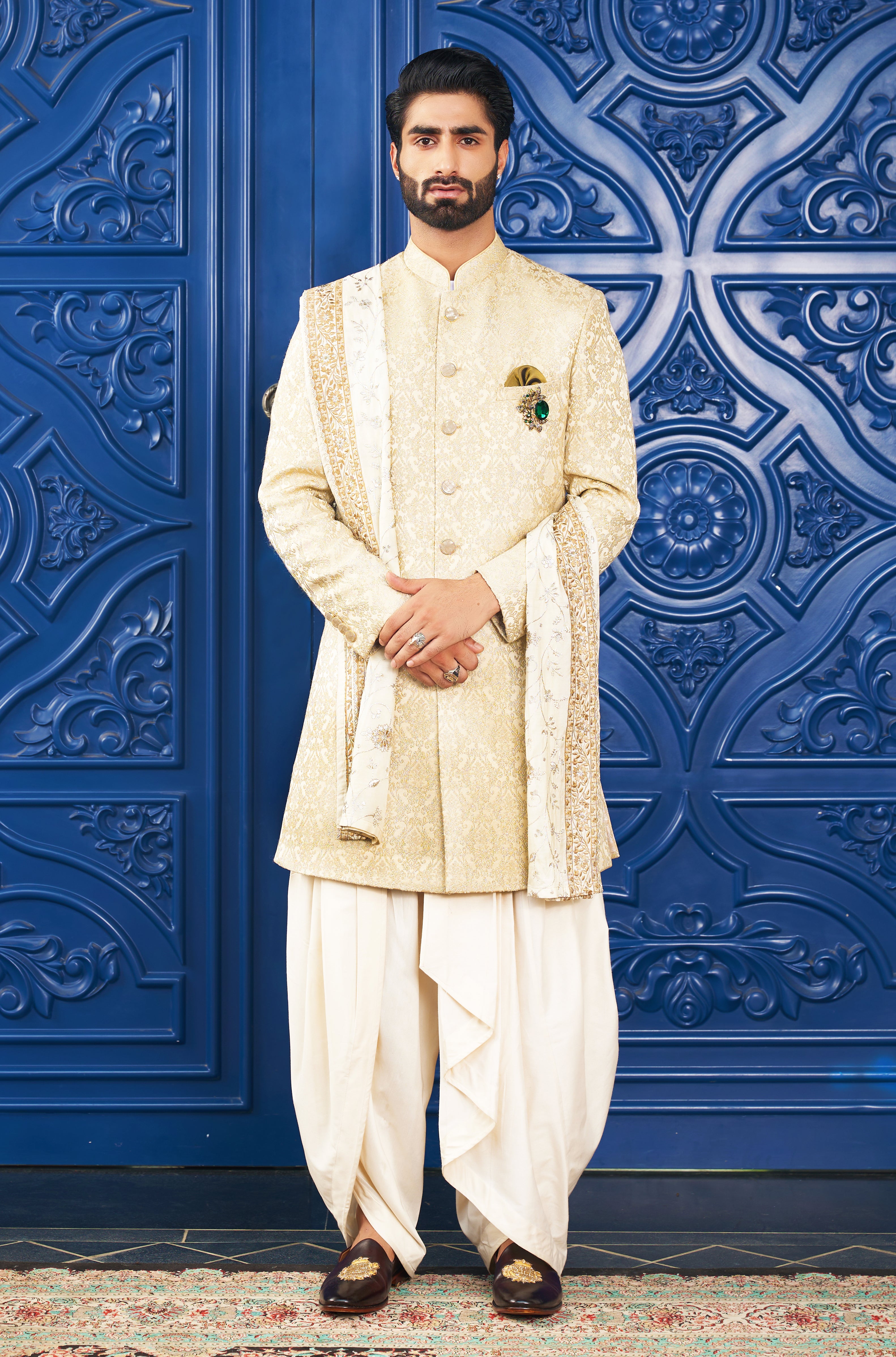 Stylish Yellow Jacquard Indo-Western with Dhoti and Embroidered Dupatta