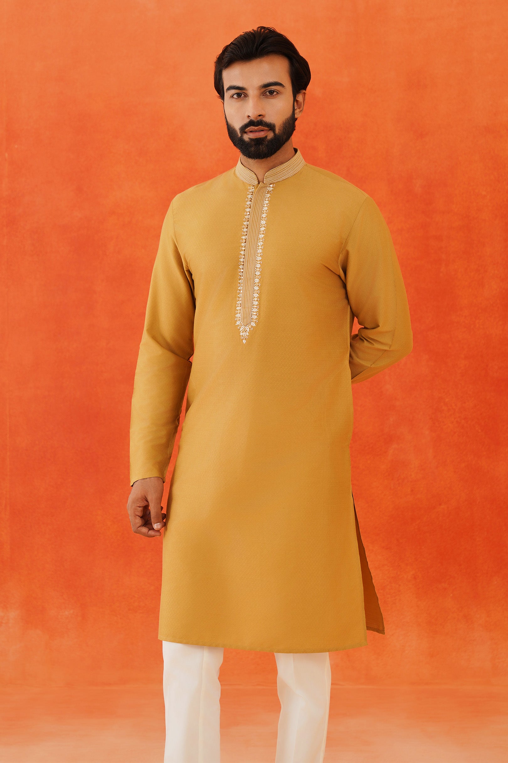 Stylish Yellow Kurta Set with Embroidered Collar