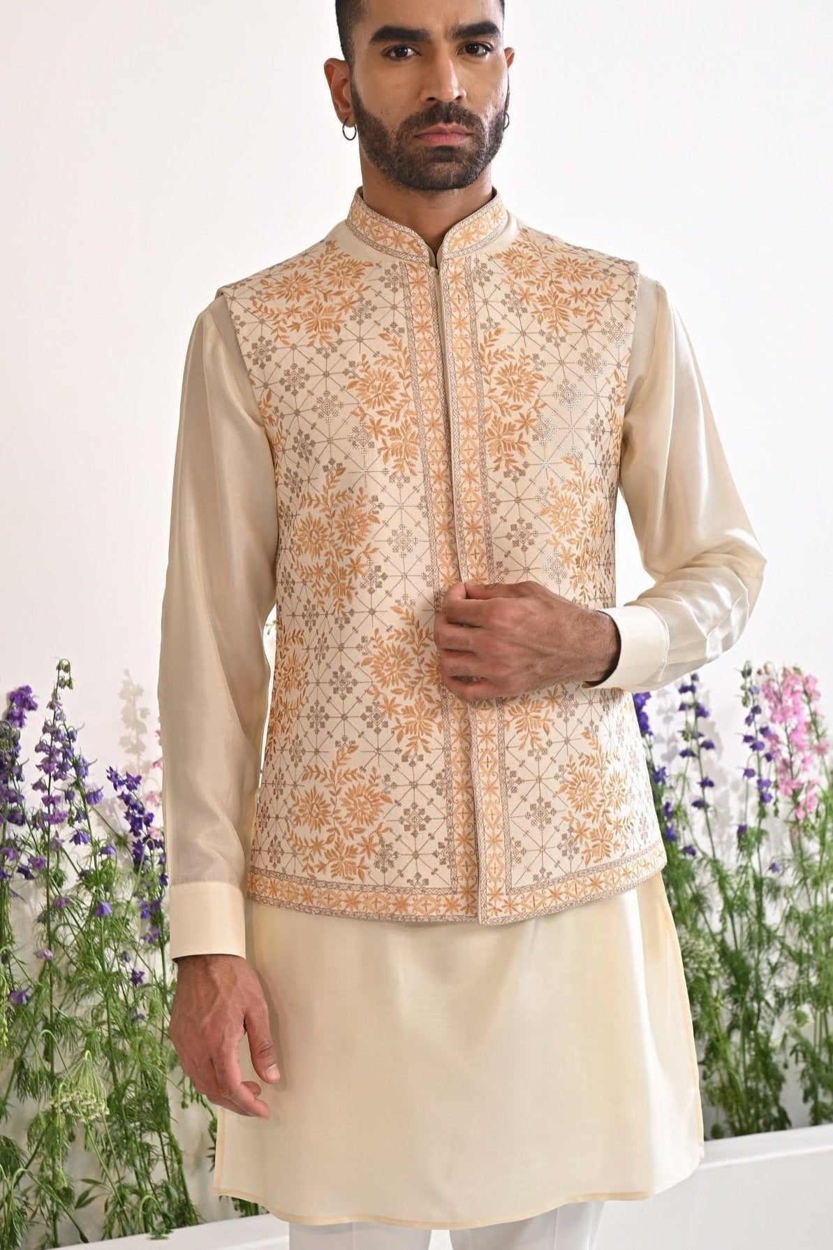 Stylish Yellow and Beige Embroidered Kurta Jacket Set