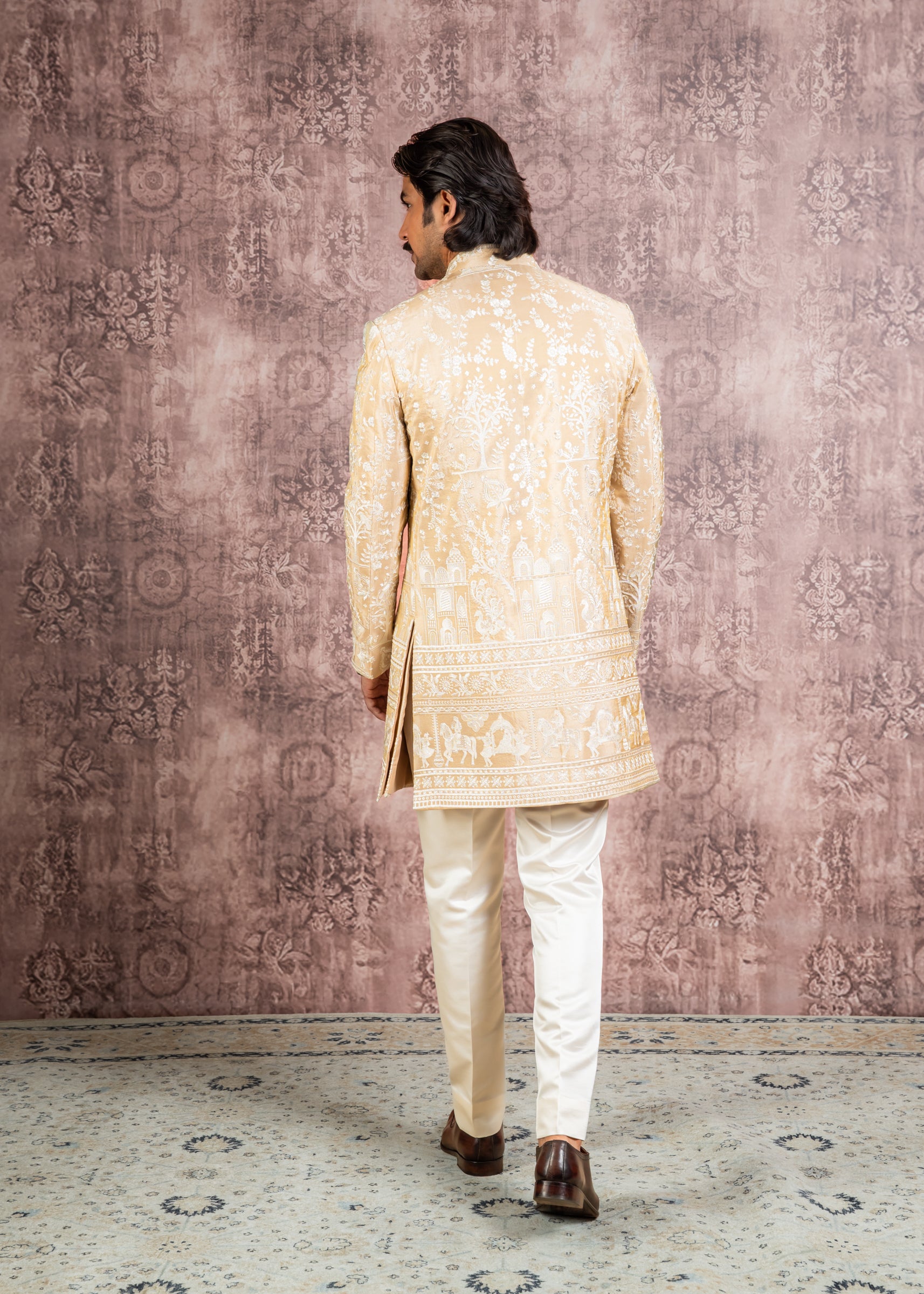 beige embroidered open indowestern