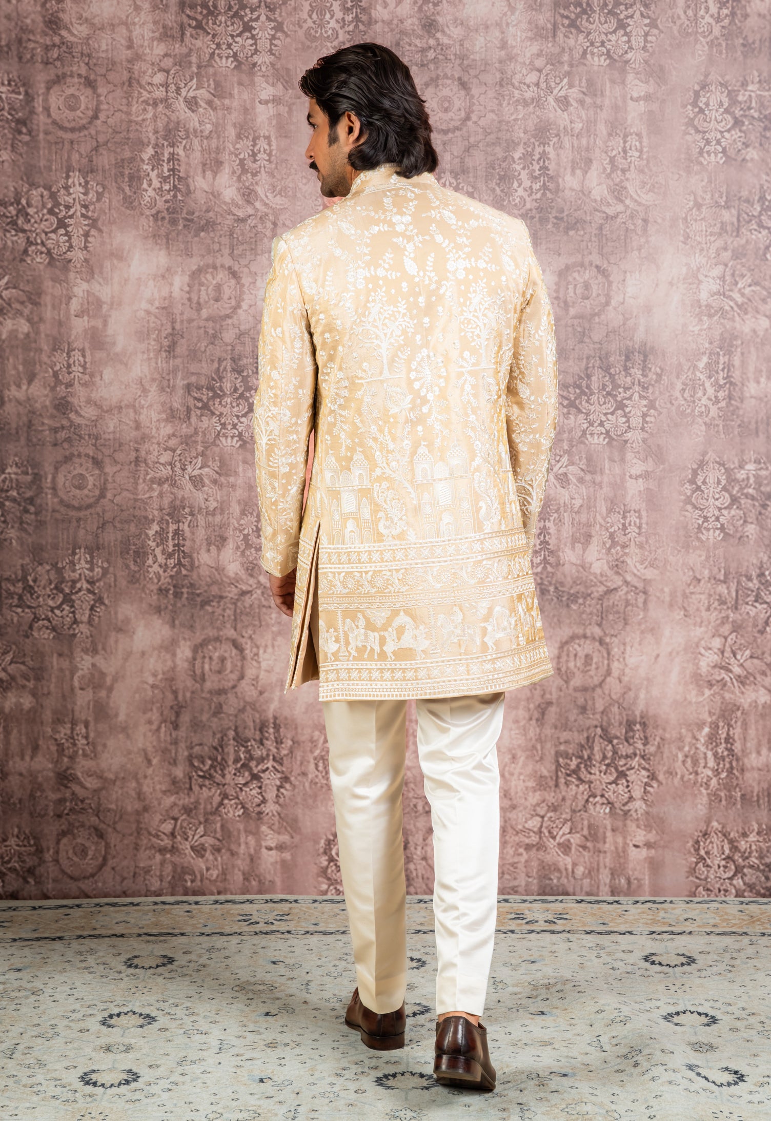 beige embroidered open indowestern