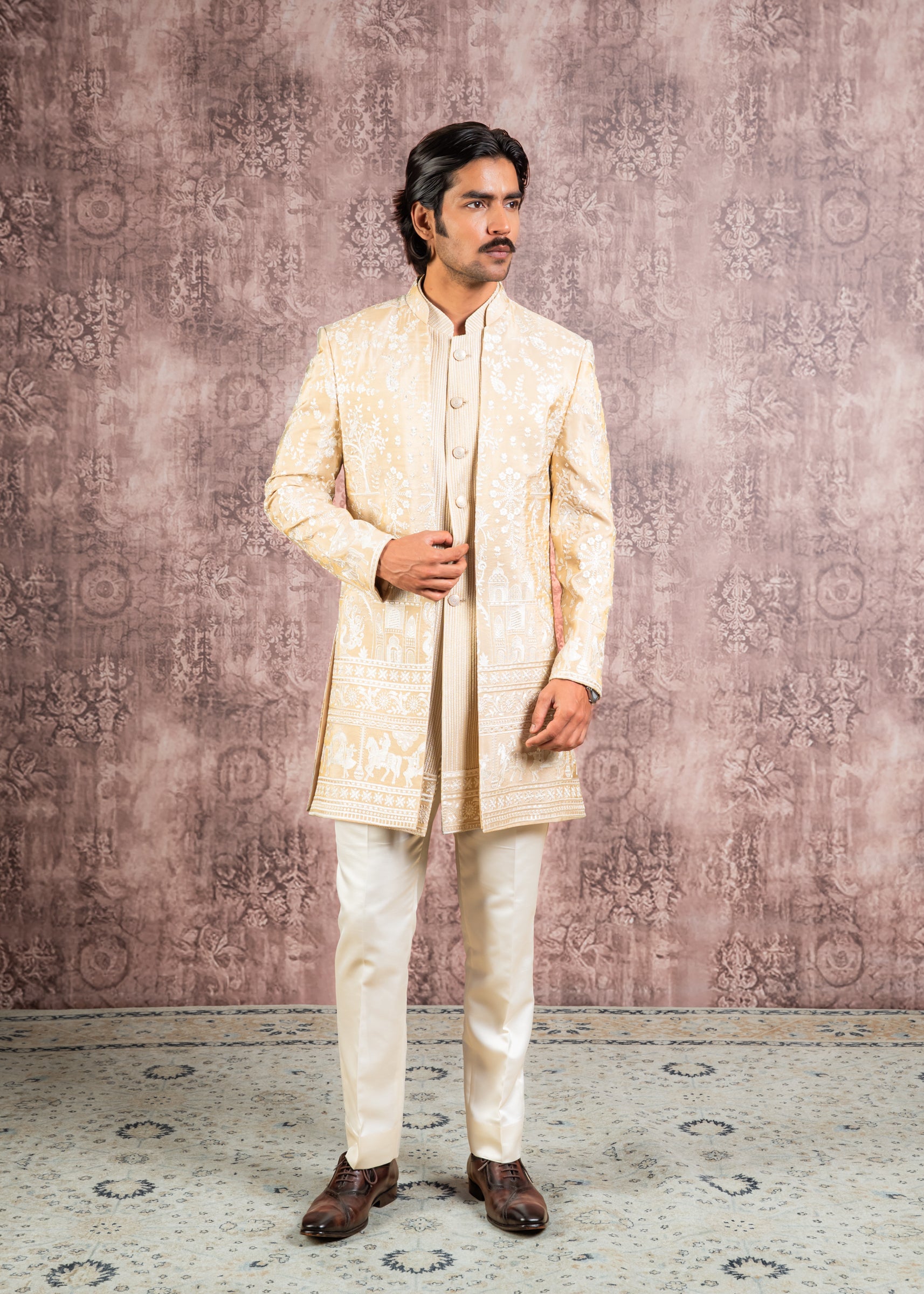 beige embroidered open indowestern