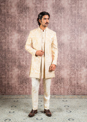 beige embroidered open indowestern