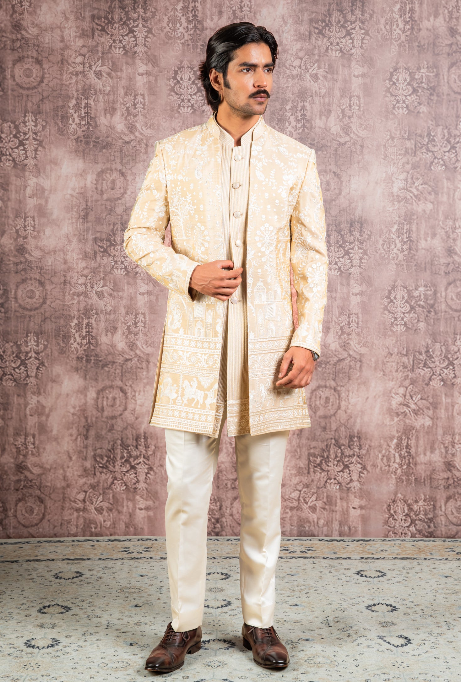 beige embroidered open indowestern