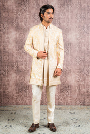 beige embroidered open indowestern