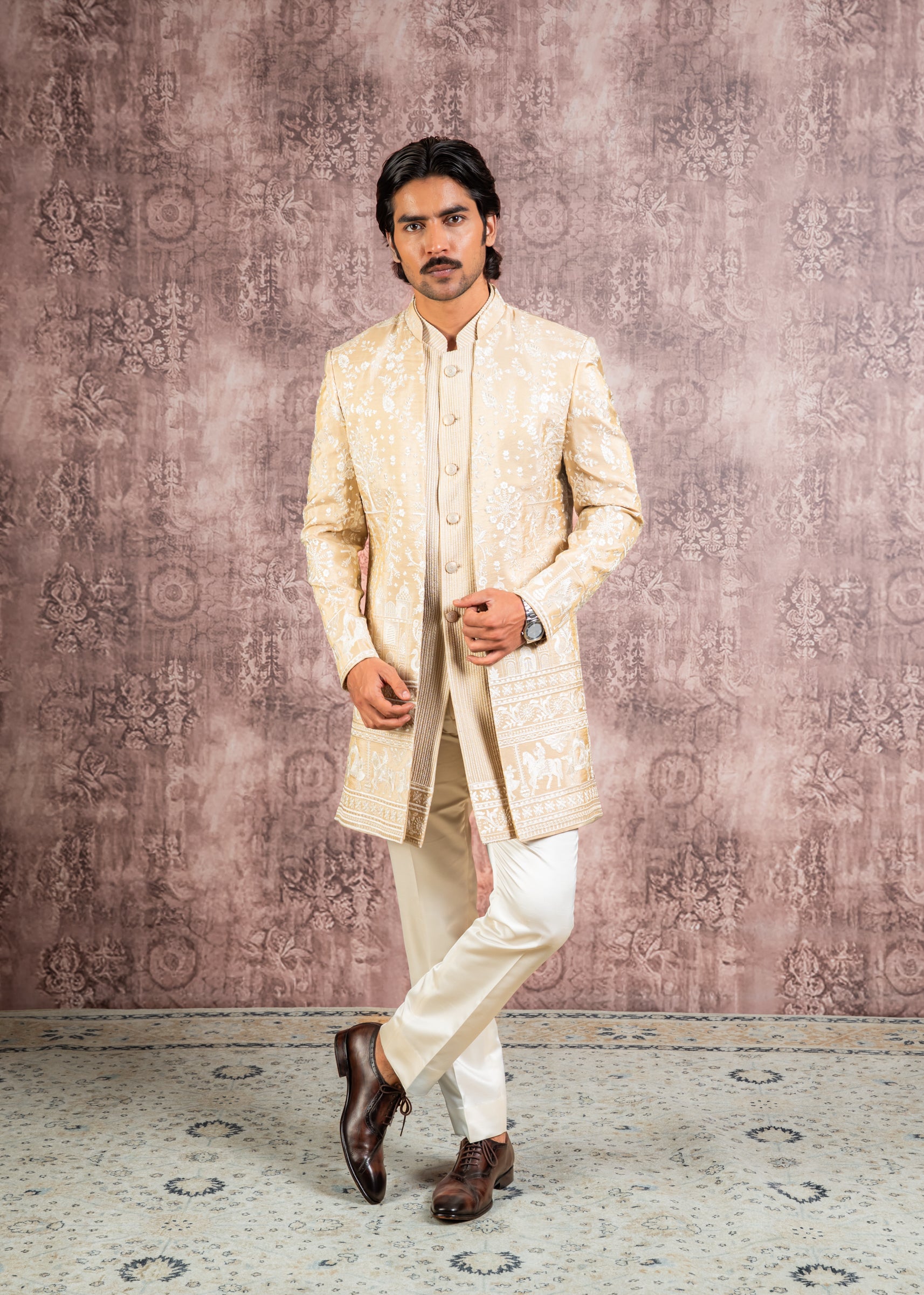beige embroidered open indowestern