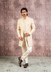 beige embroidered open indowestern
