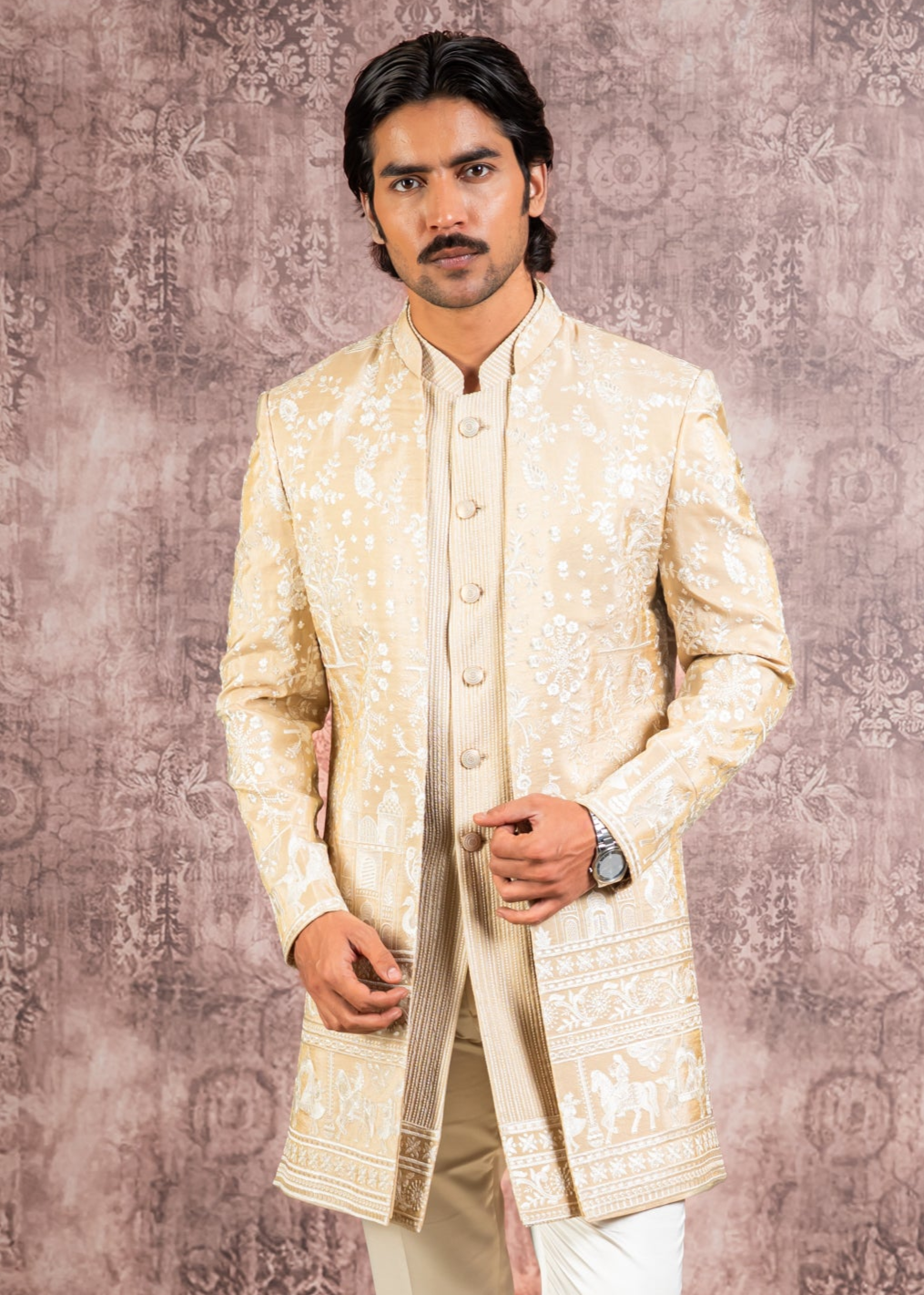 beige embroidered open indowestern