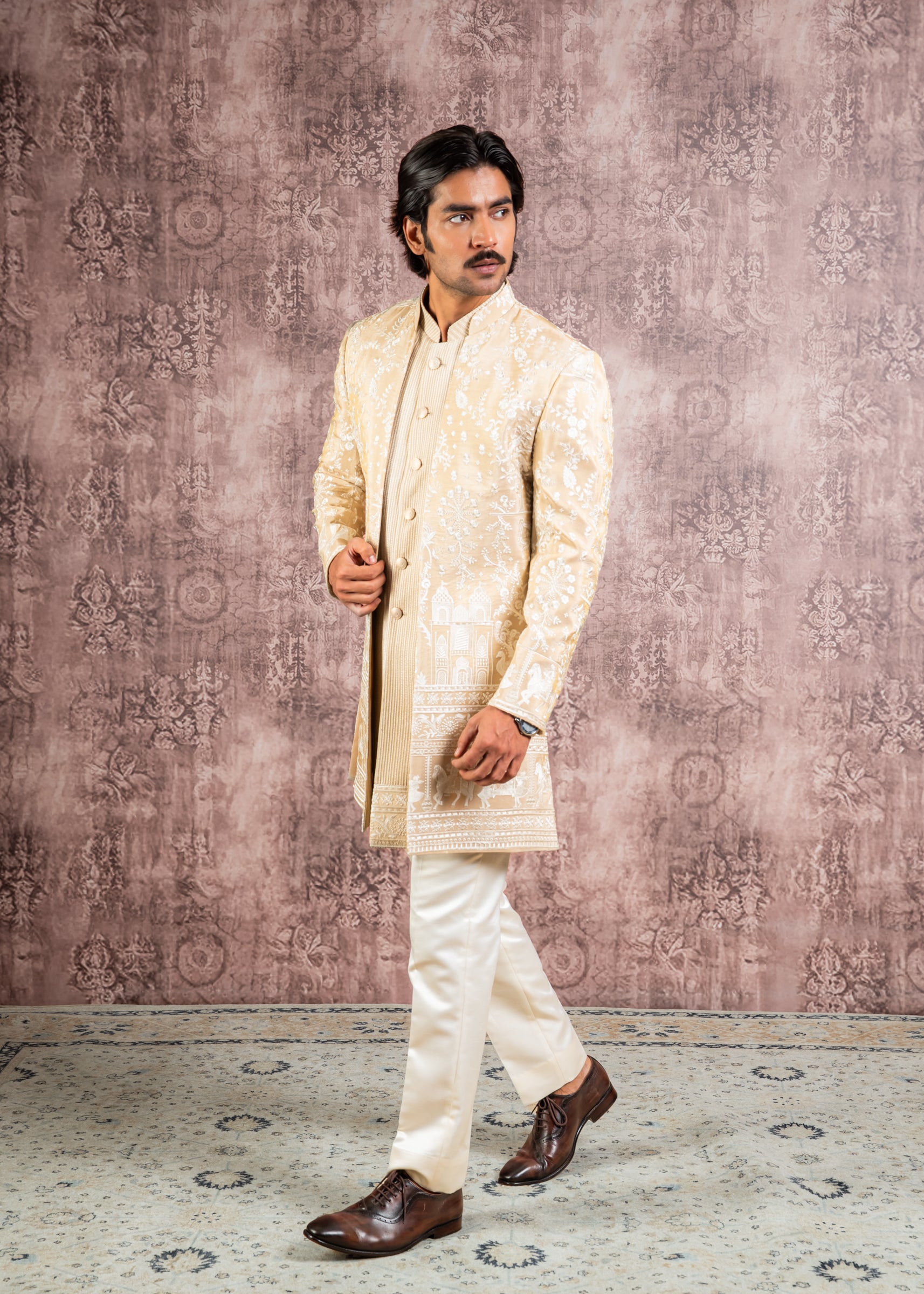 beige embroidered open indowestern
