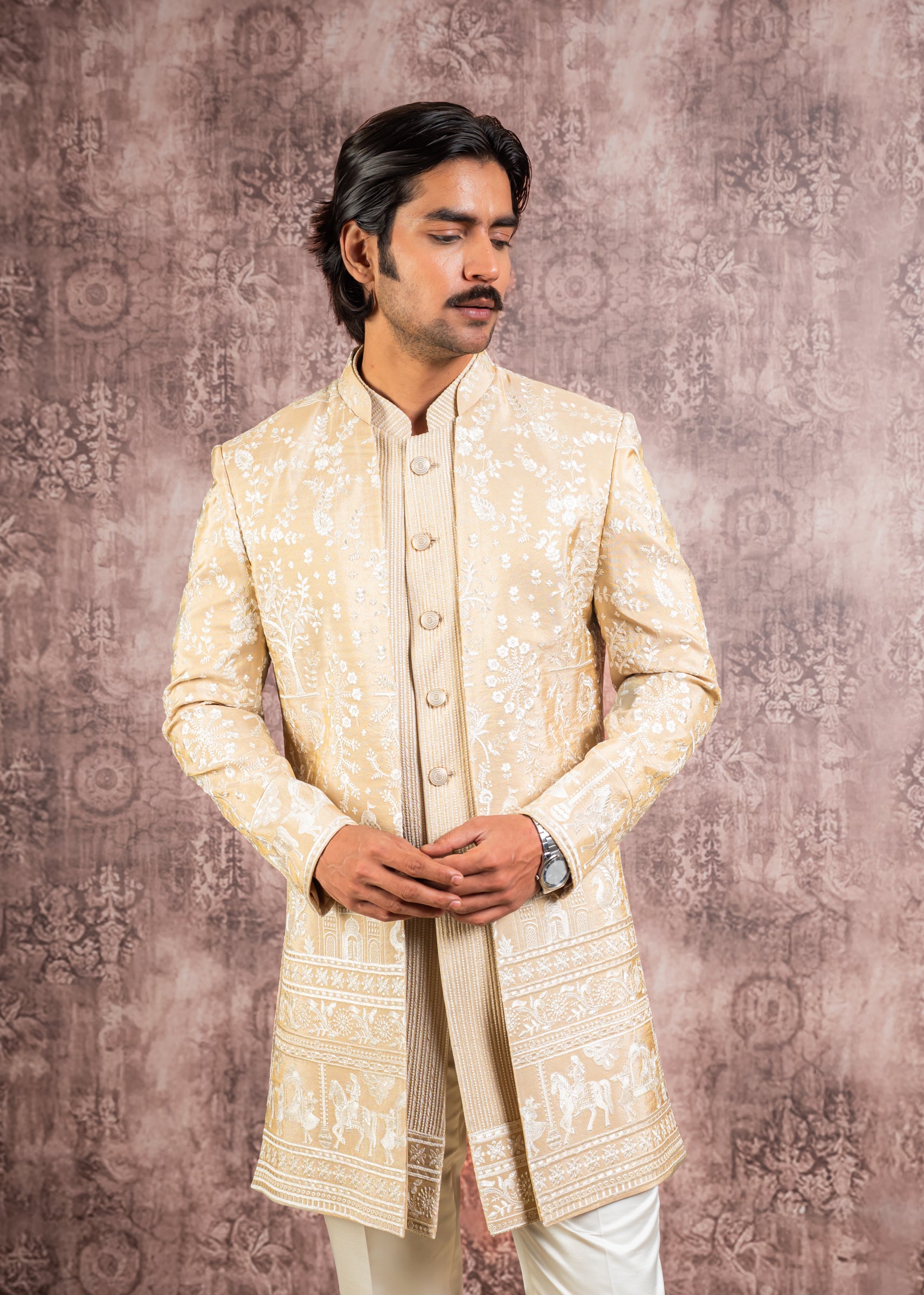 beige embroidered open indowestern