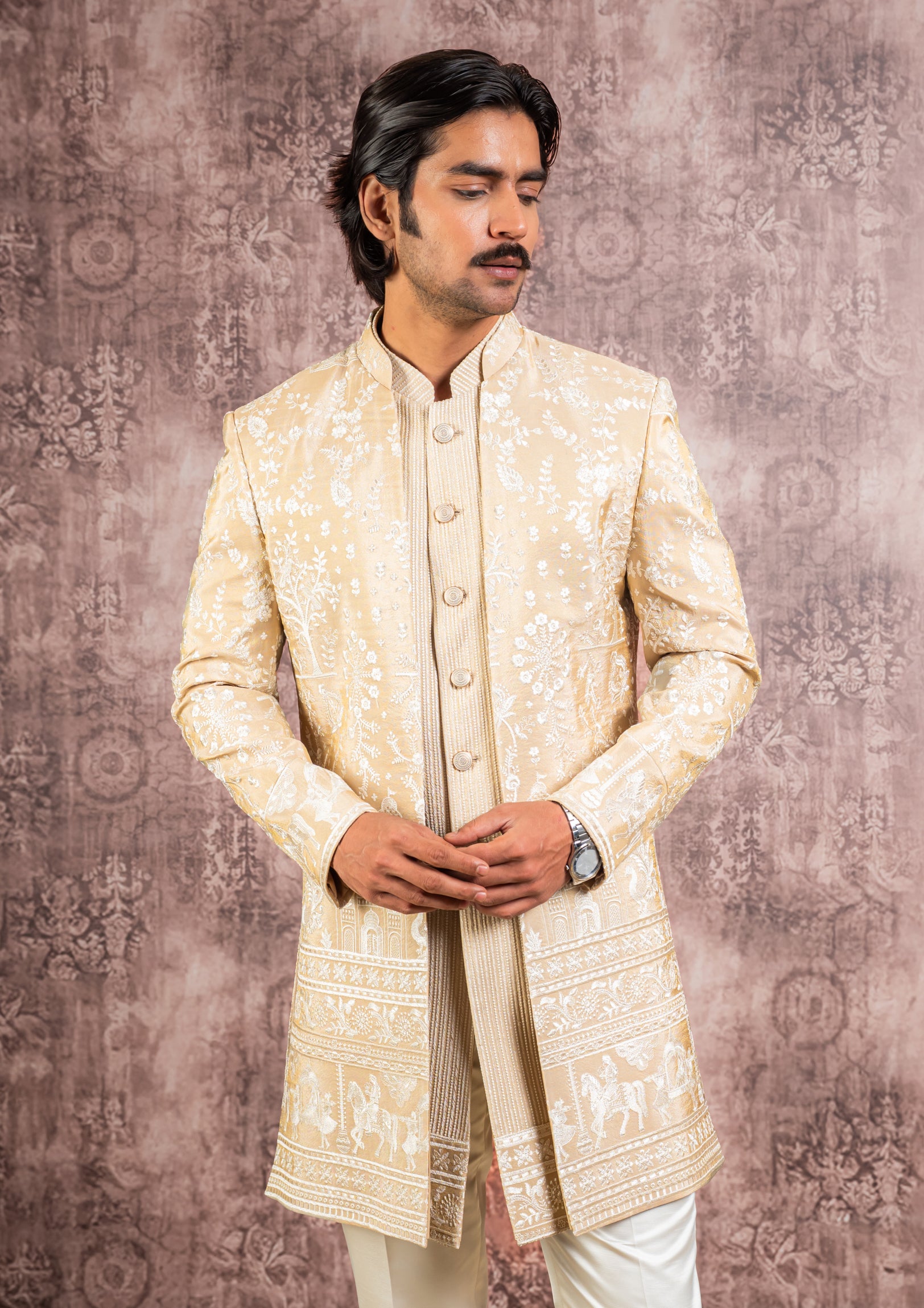 beige embroidered open indowestern