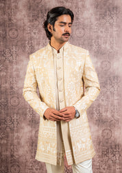beige embroidered open indowestern