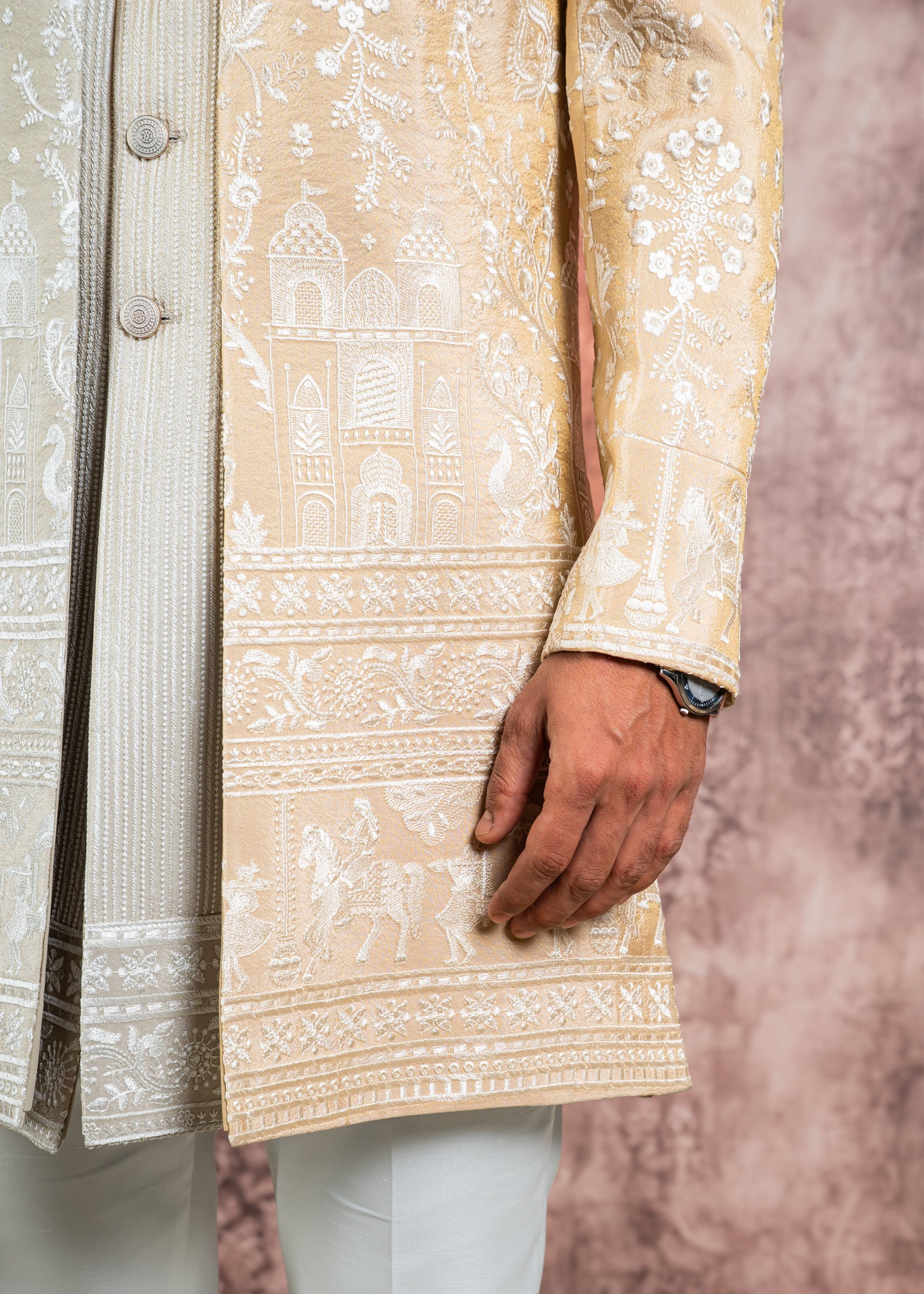 beige embroidered open indowestern