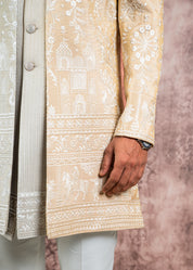beige embroidered open indowestern
