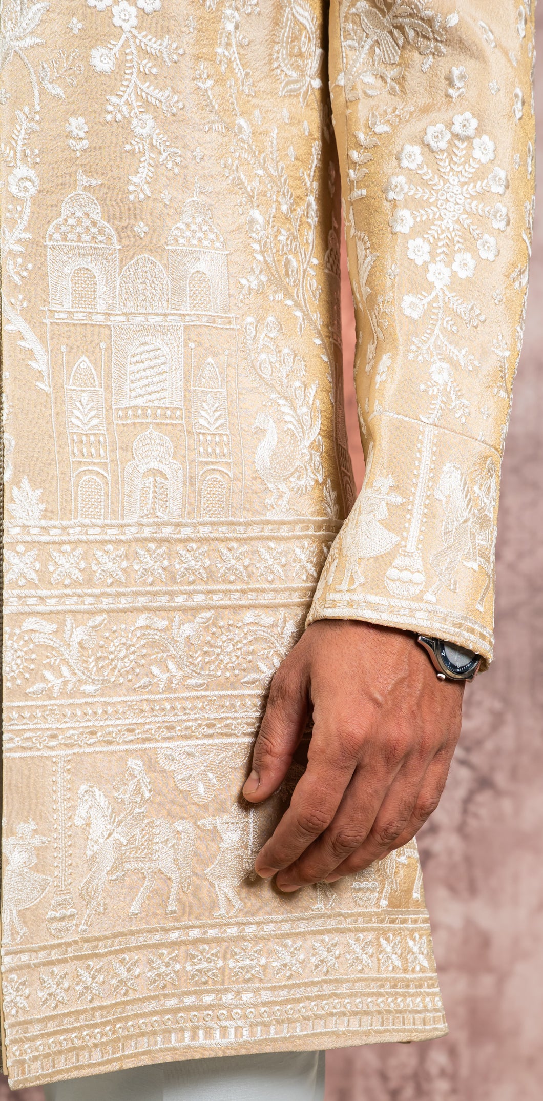 beige embroidered open indowestern