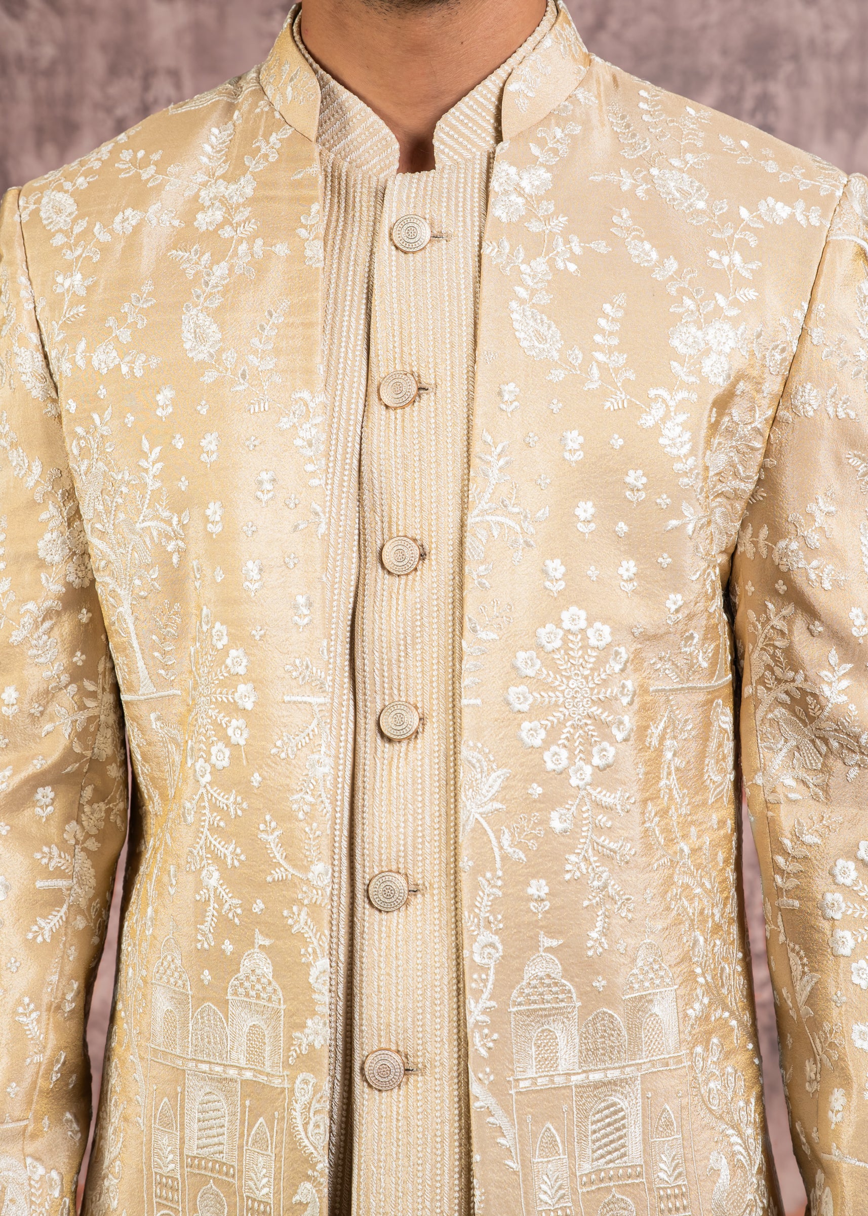 beige embroidered open indowestern