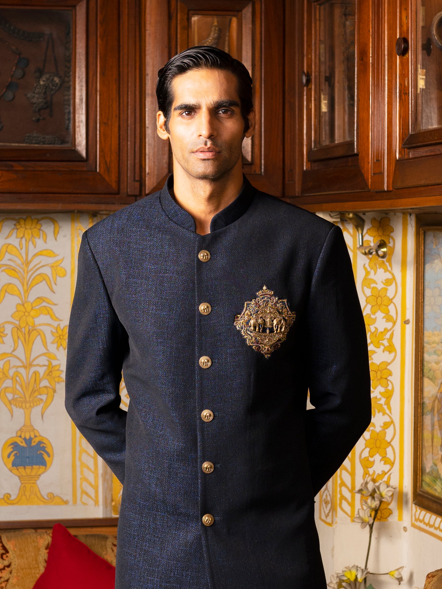 Navy blue indowestern with Brooch and embroidery
