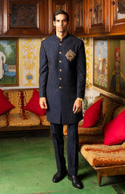 Navy blue indowestern with Brooch and embroidery