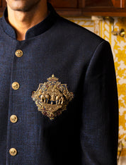 Navy blue indowestern with Brooch and embroidery