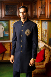 Navy blue indowestern with Brooch and embroidery