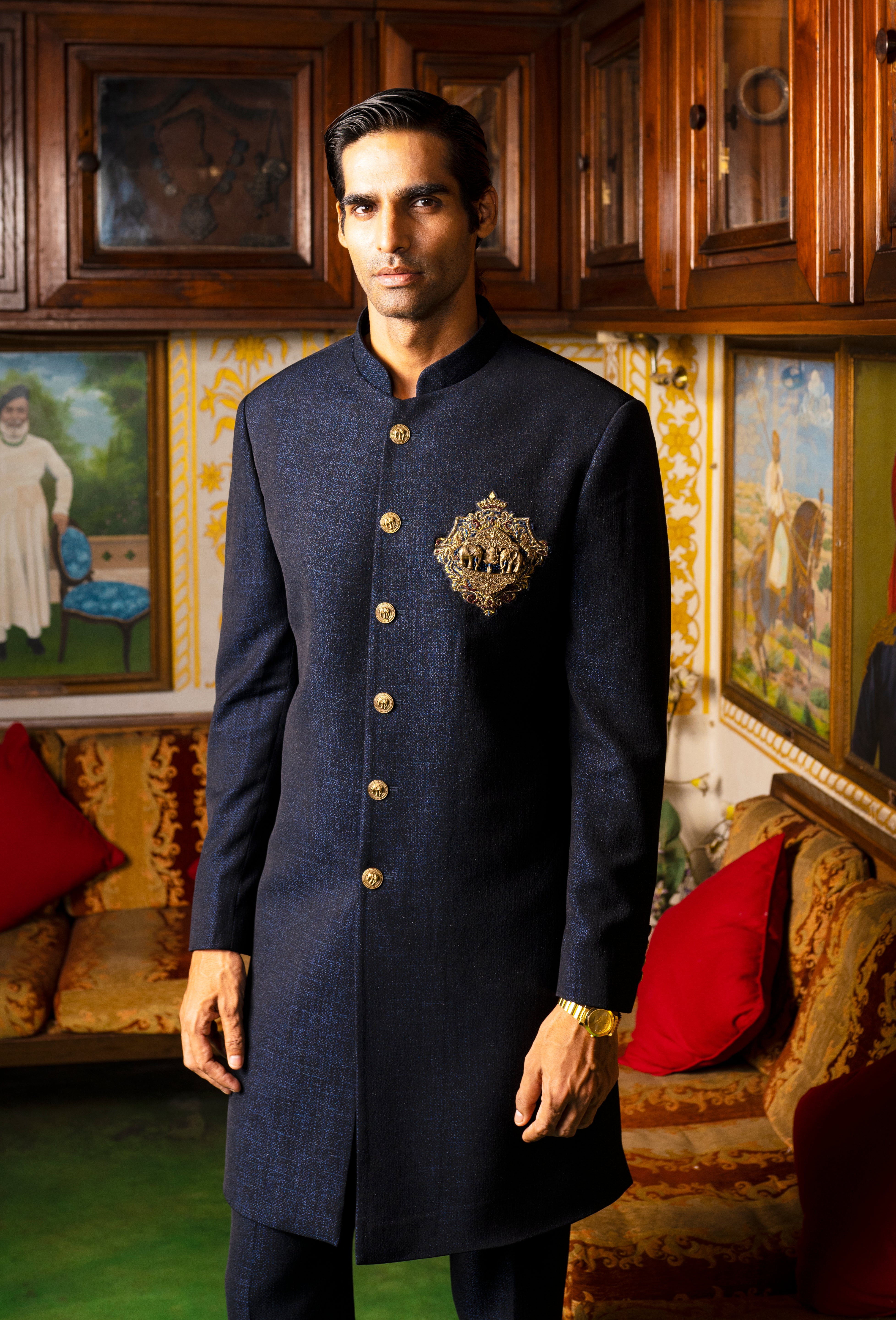 Navy blue indowestern with Brooch and embroidery