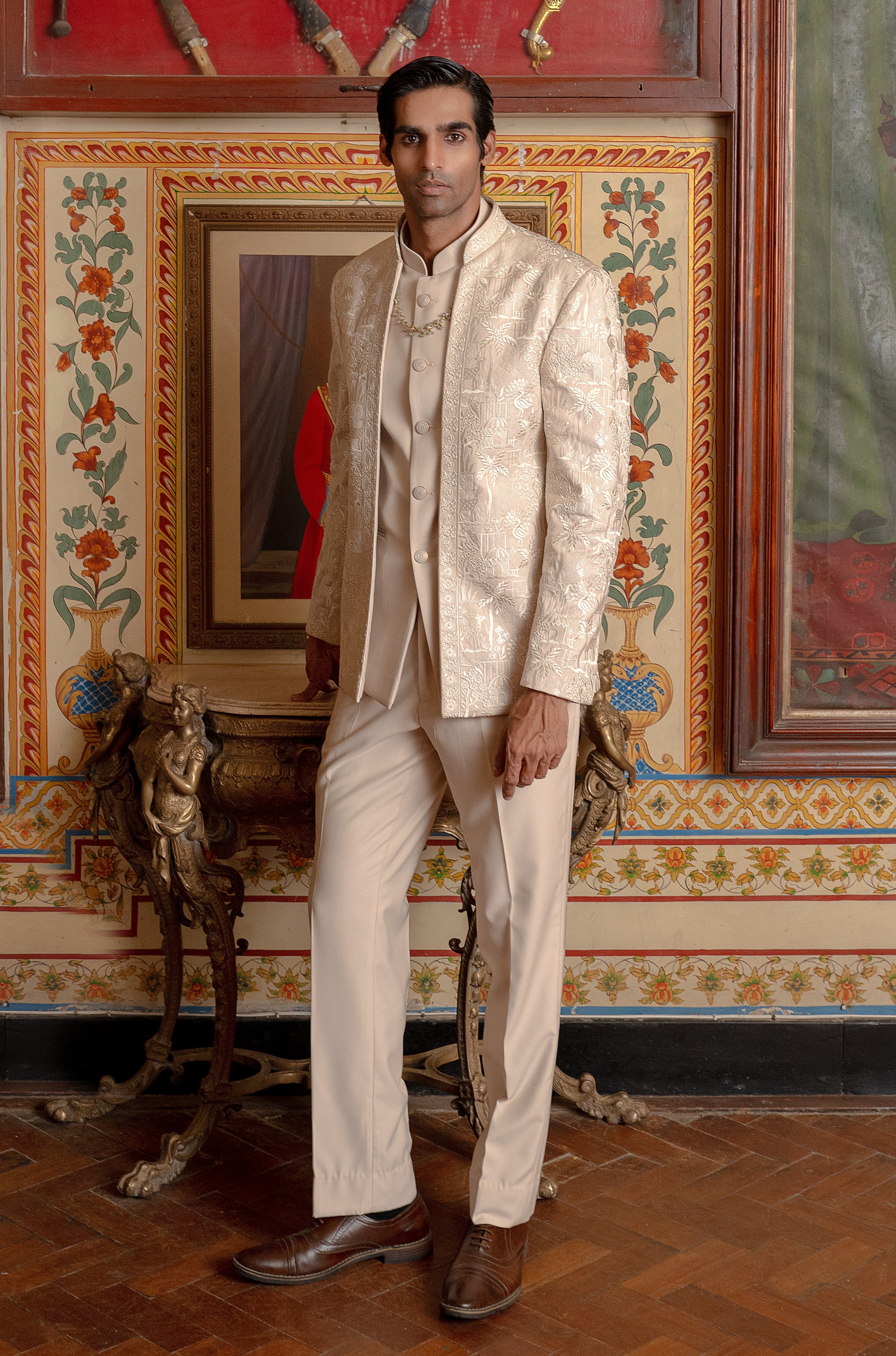 Beige Embroidered Open Bandhgala suit