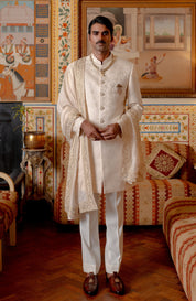 Cream jacquard indowestern with stole