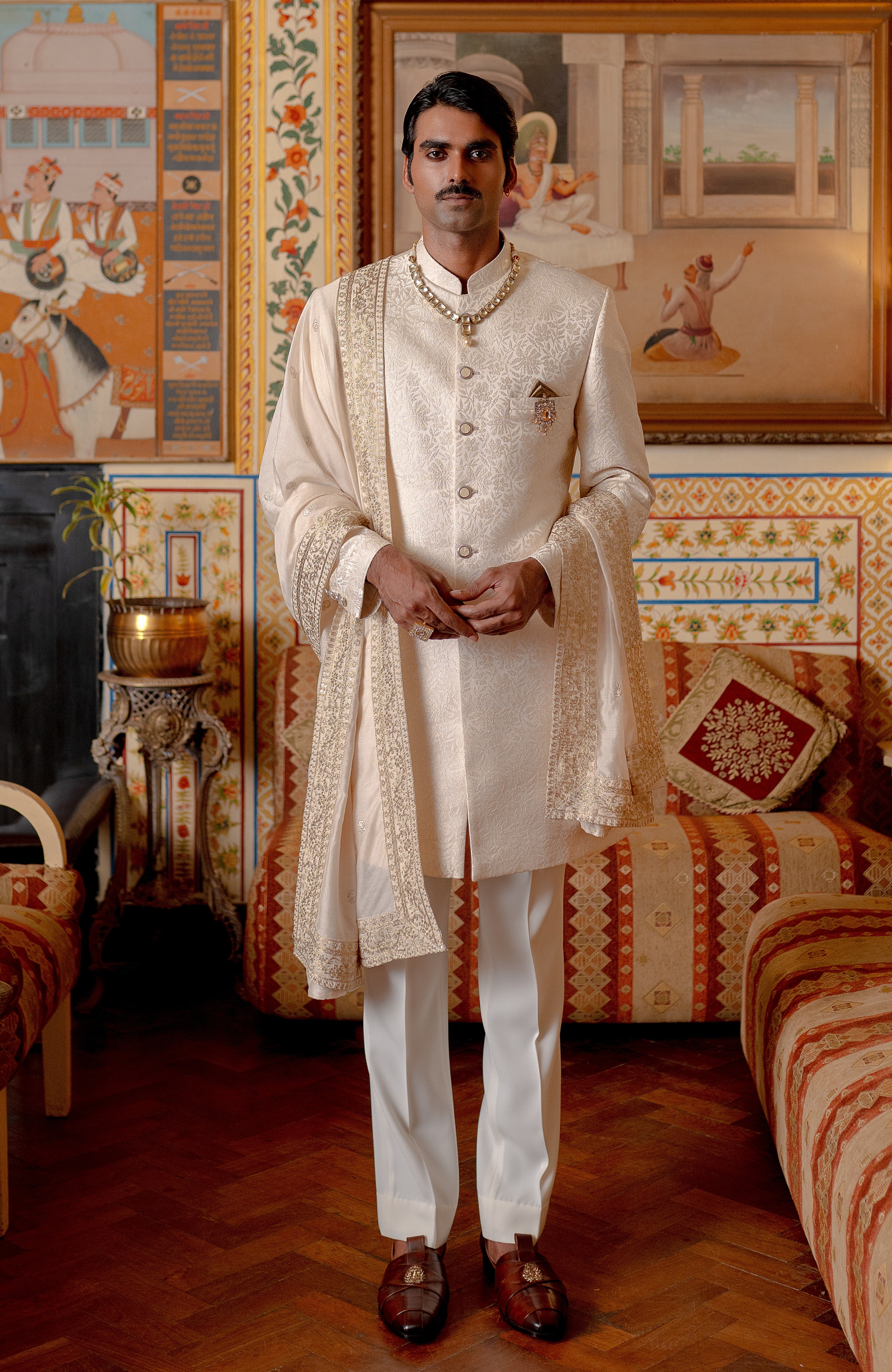 Cream jacquard indowestern with stole