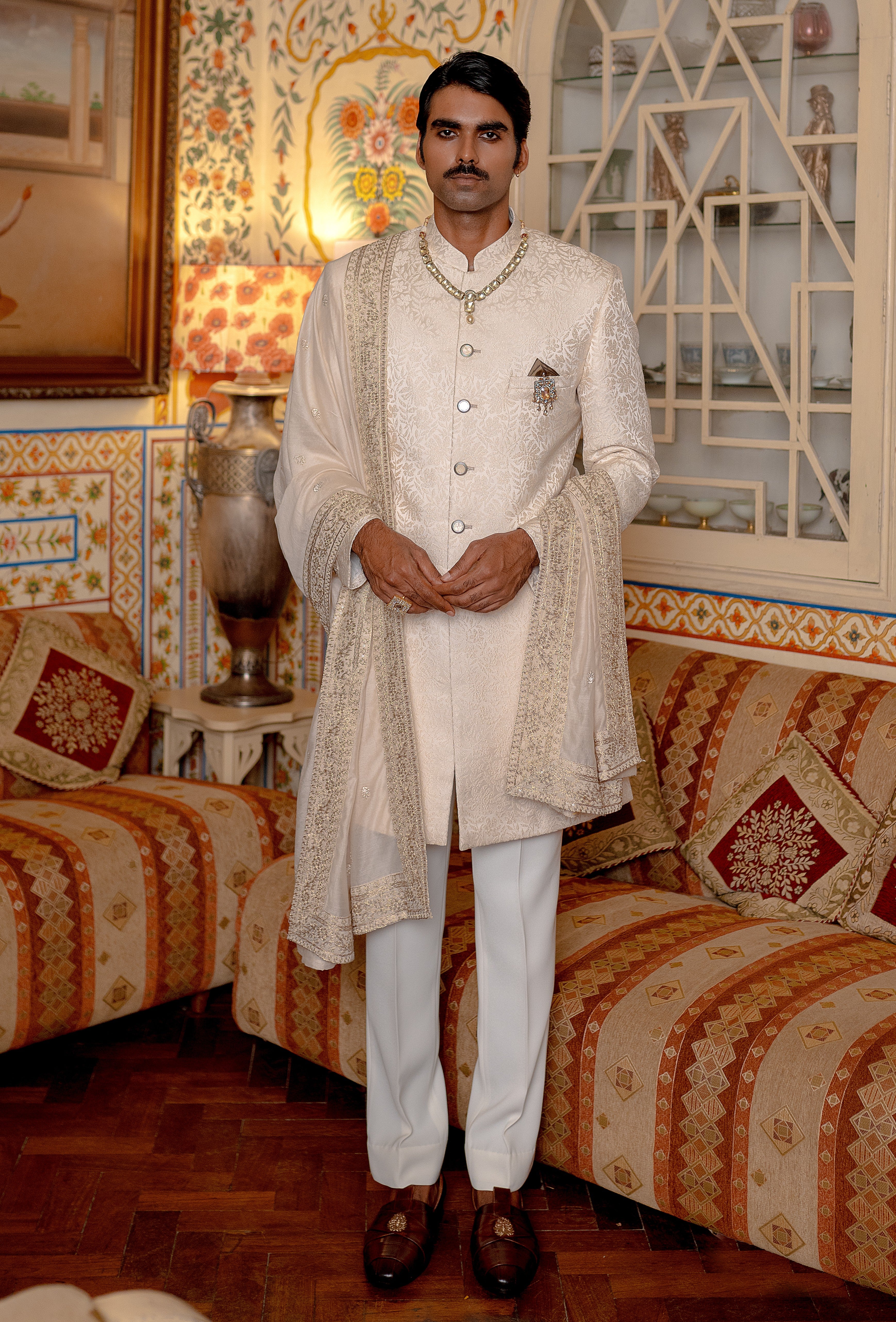 Cream jacquard indowestern with stole