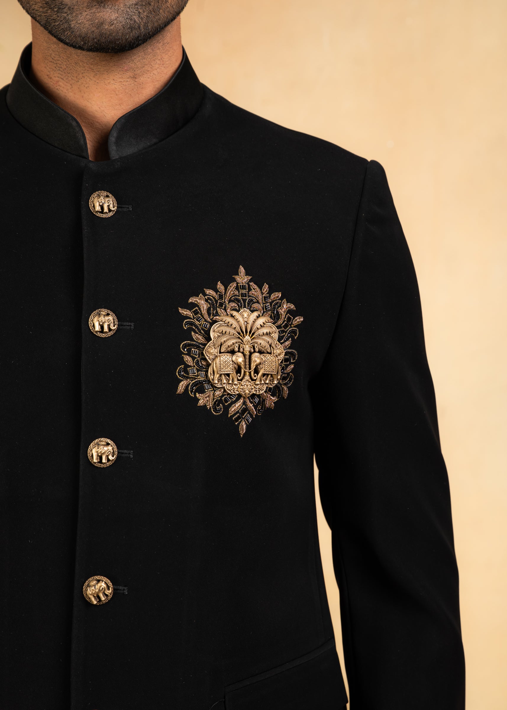 black bandhgala with handcrafted brooch