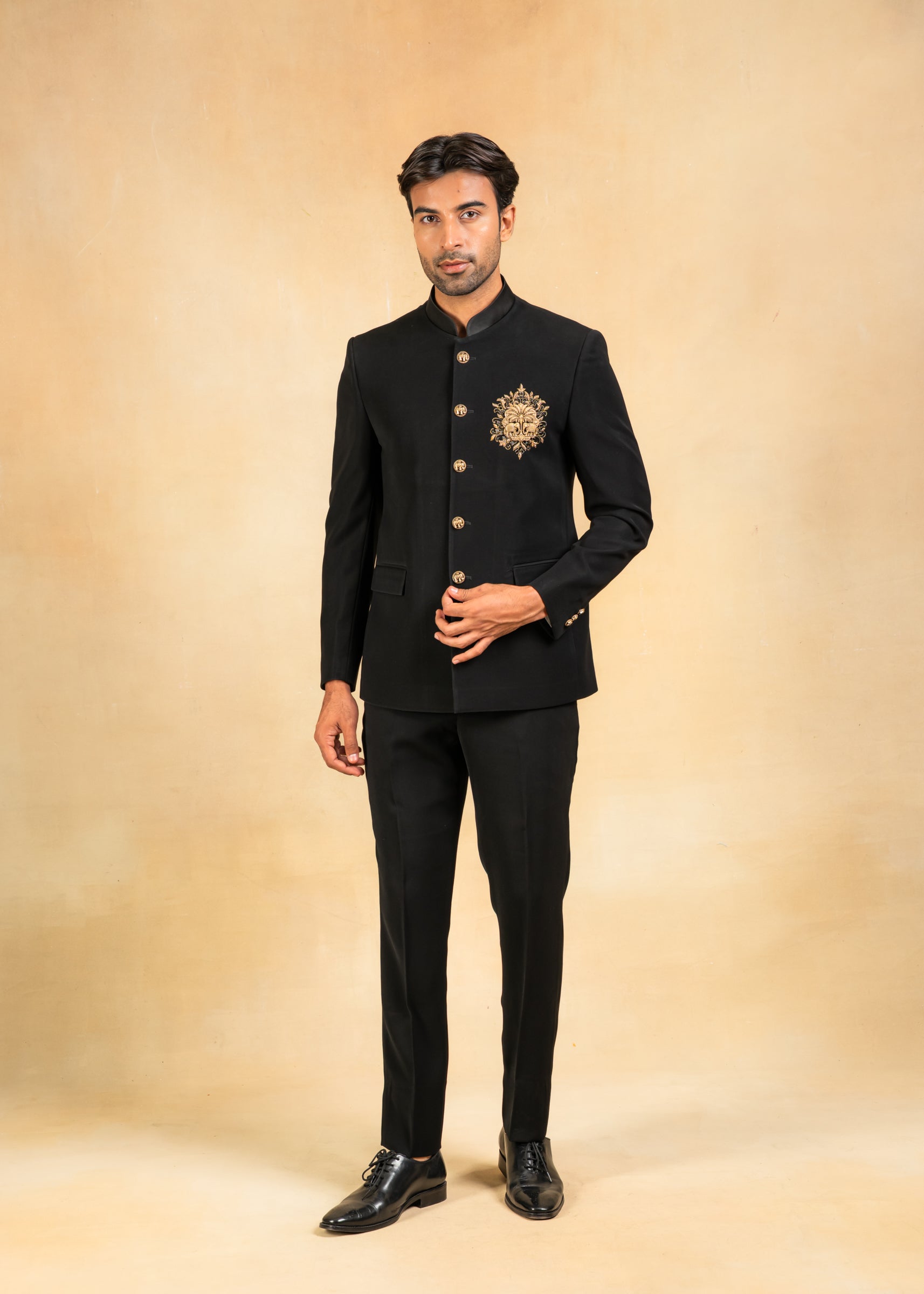 black bandhgala with handcrafted brooch