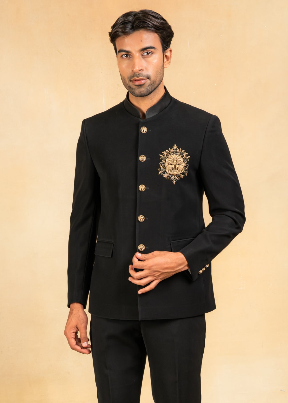 black bandhgala with handcrafted brooch