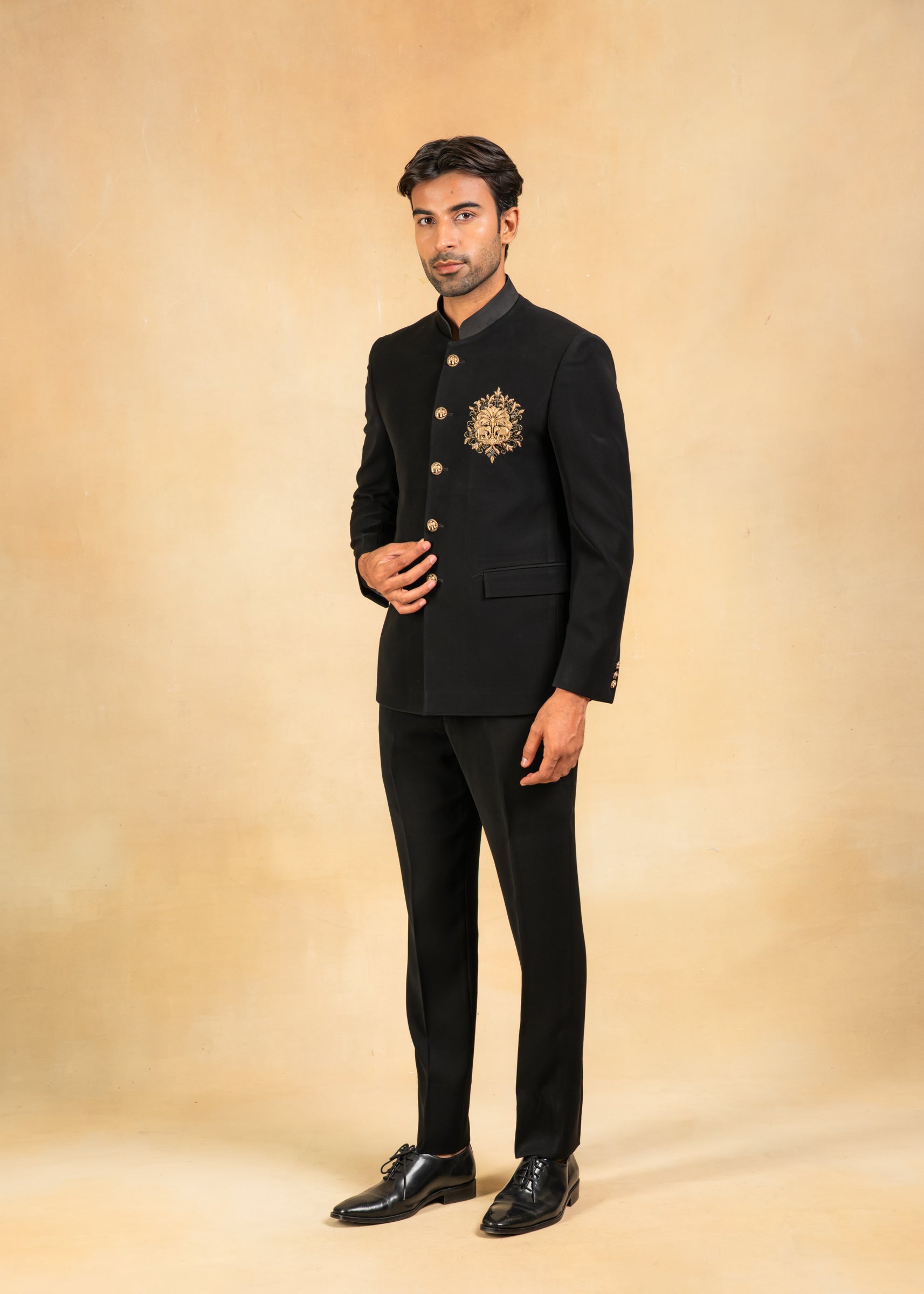 black bandhgala with handcrafted brooch