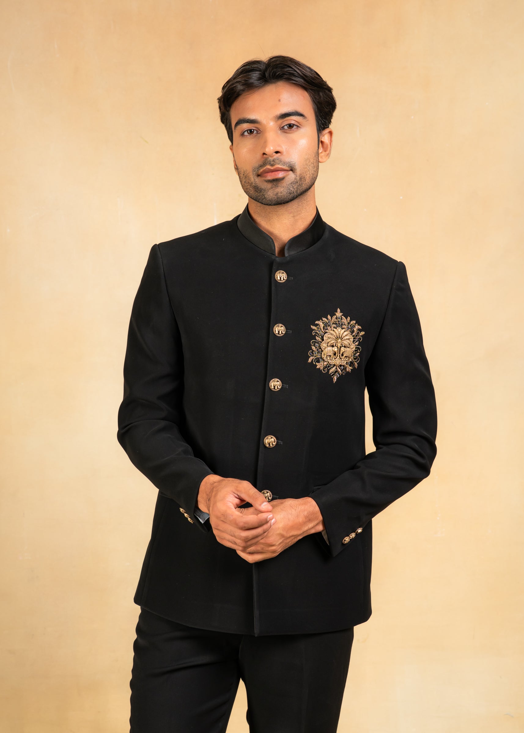 black bandhgala with handcrafted brooch