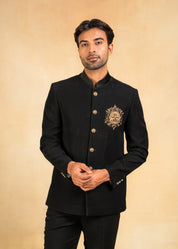 black bandhgala with handcrafted brooch
