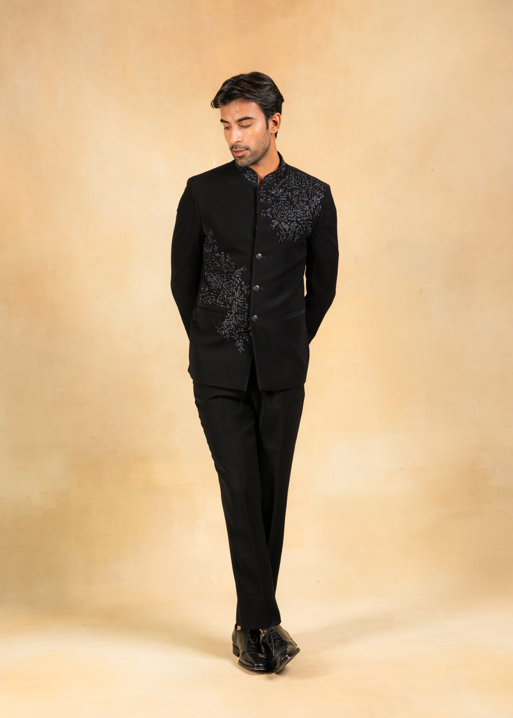 black bandhgala with hand embroidery