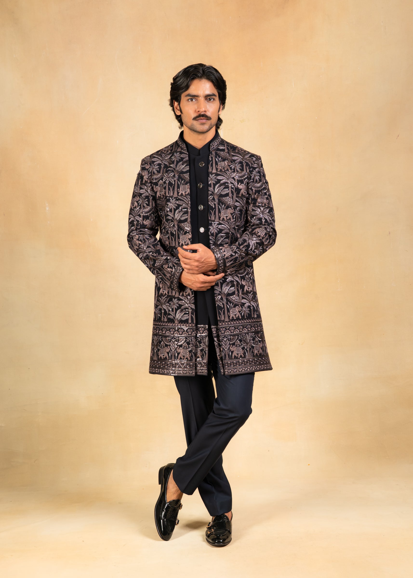 black embroidered open indowestern