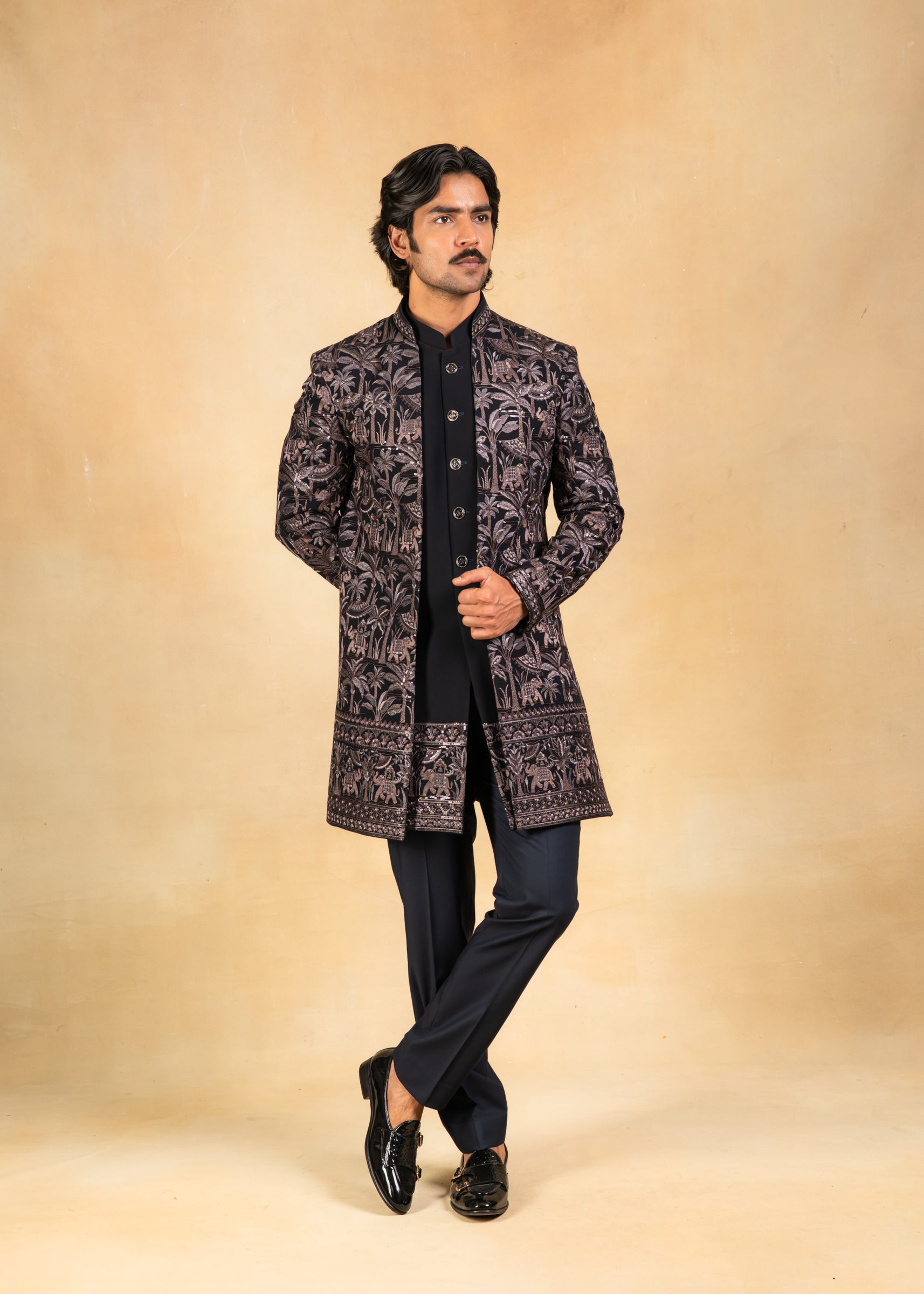 black embroidered open indowestern
