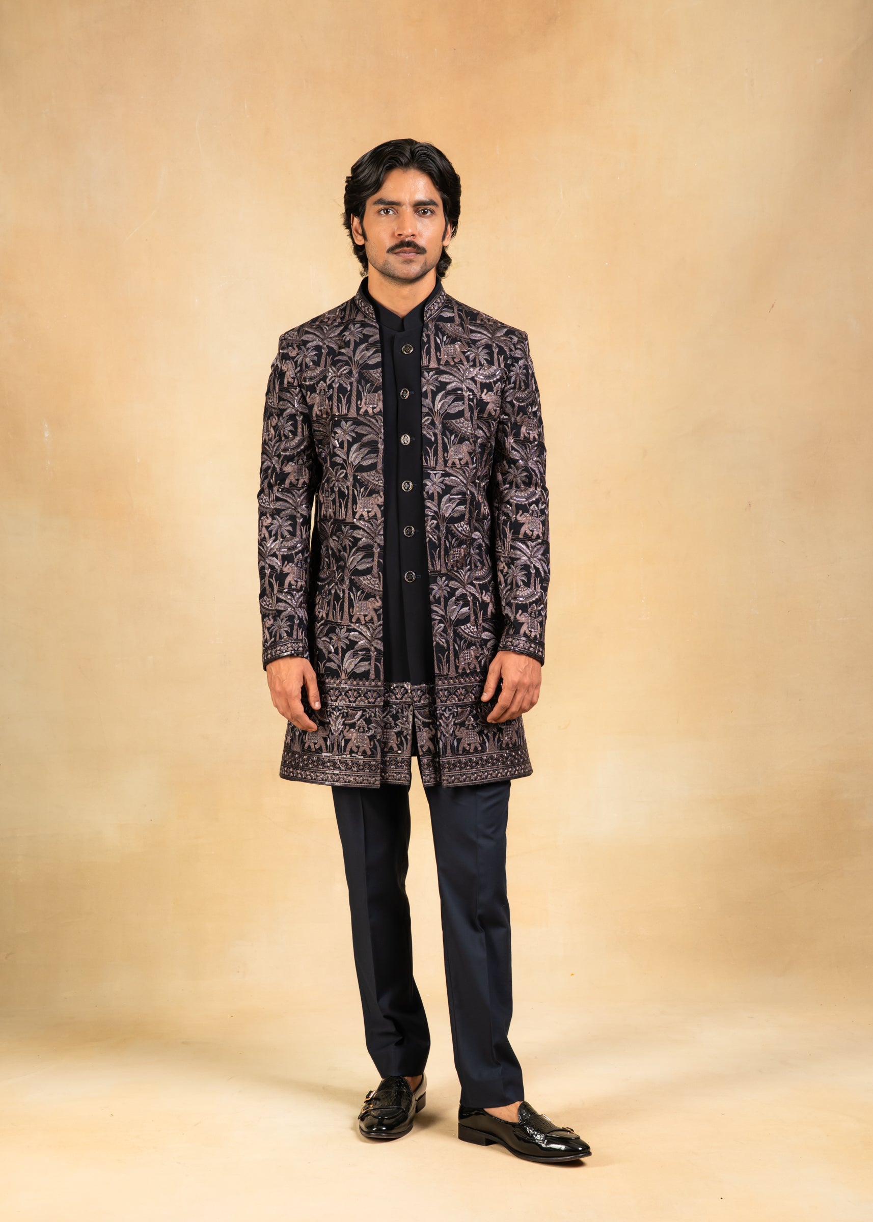 black embroidered open indowestern