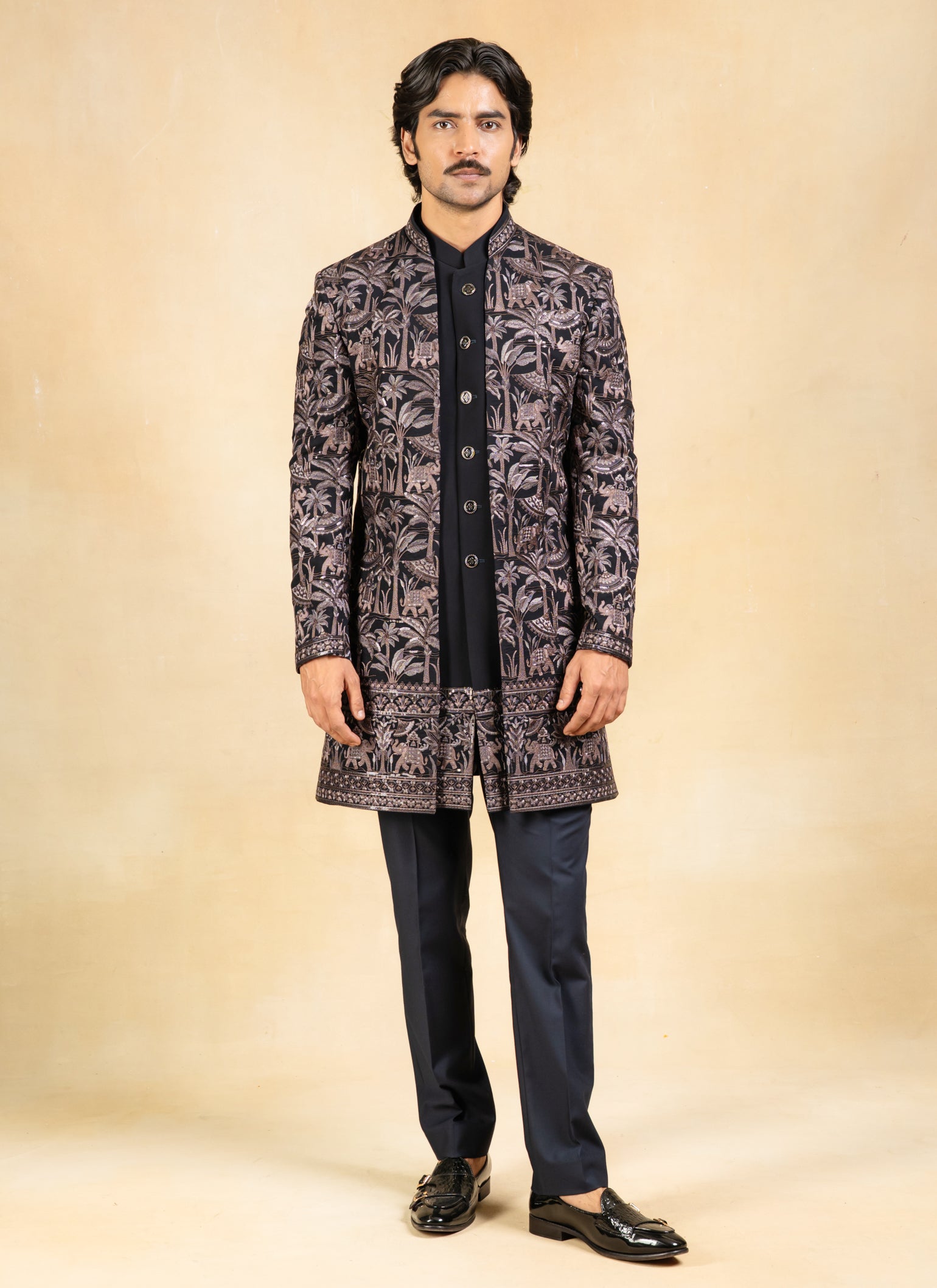 black embroidered open indowestern