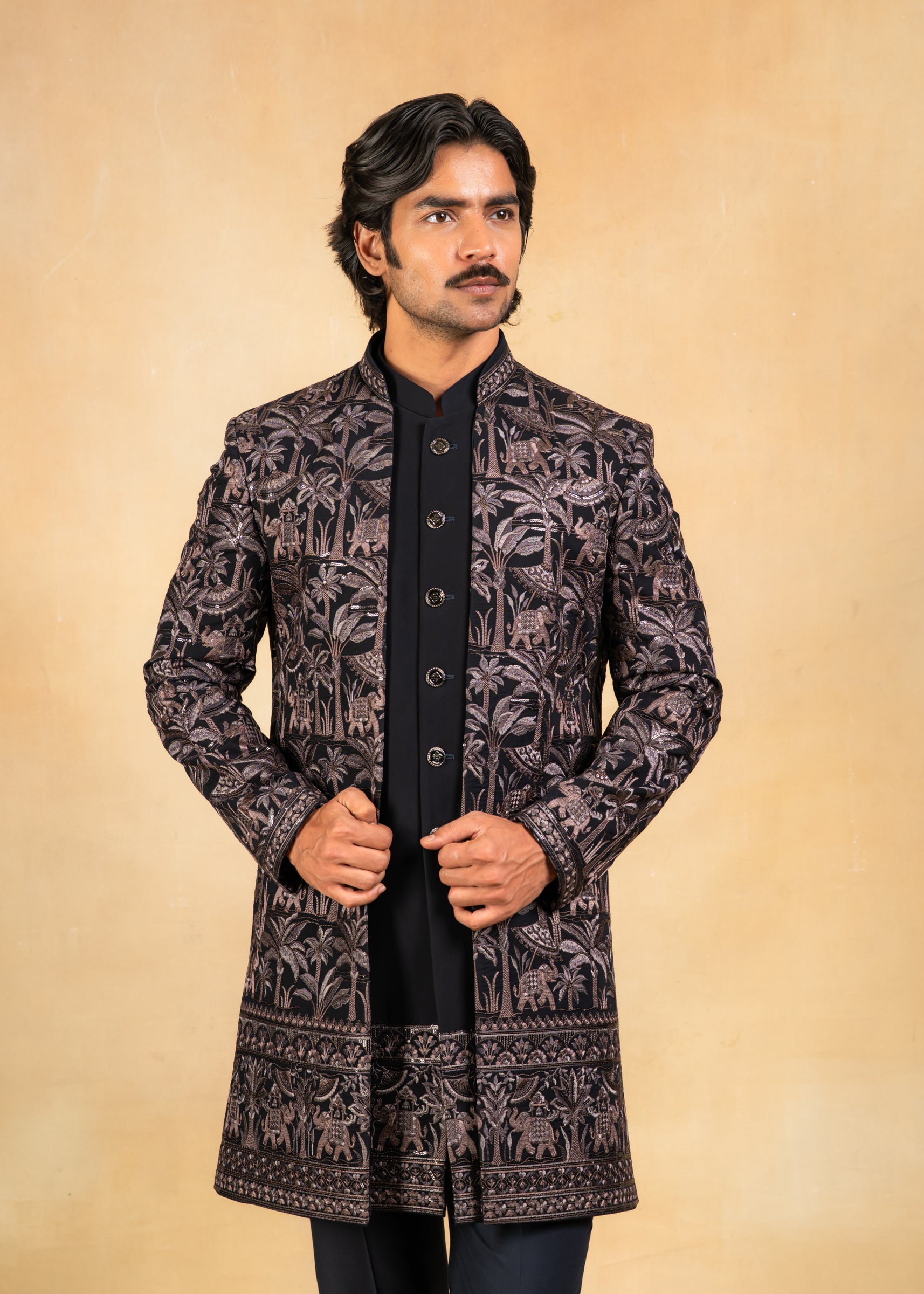 black embroidered open indowestern